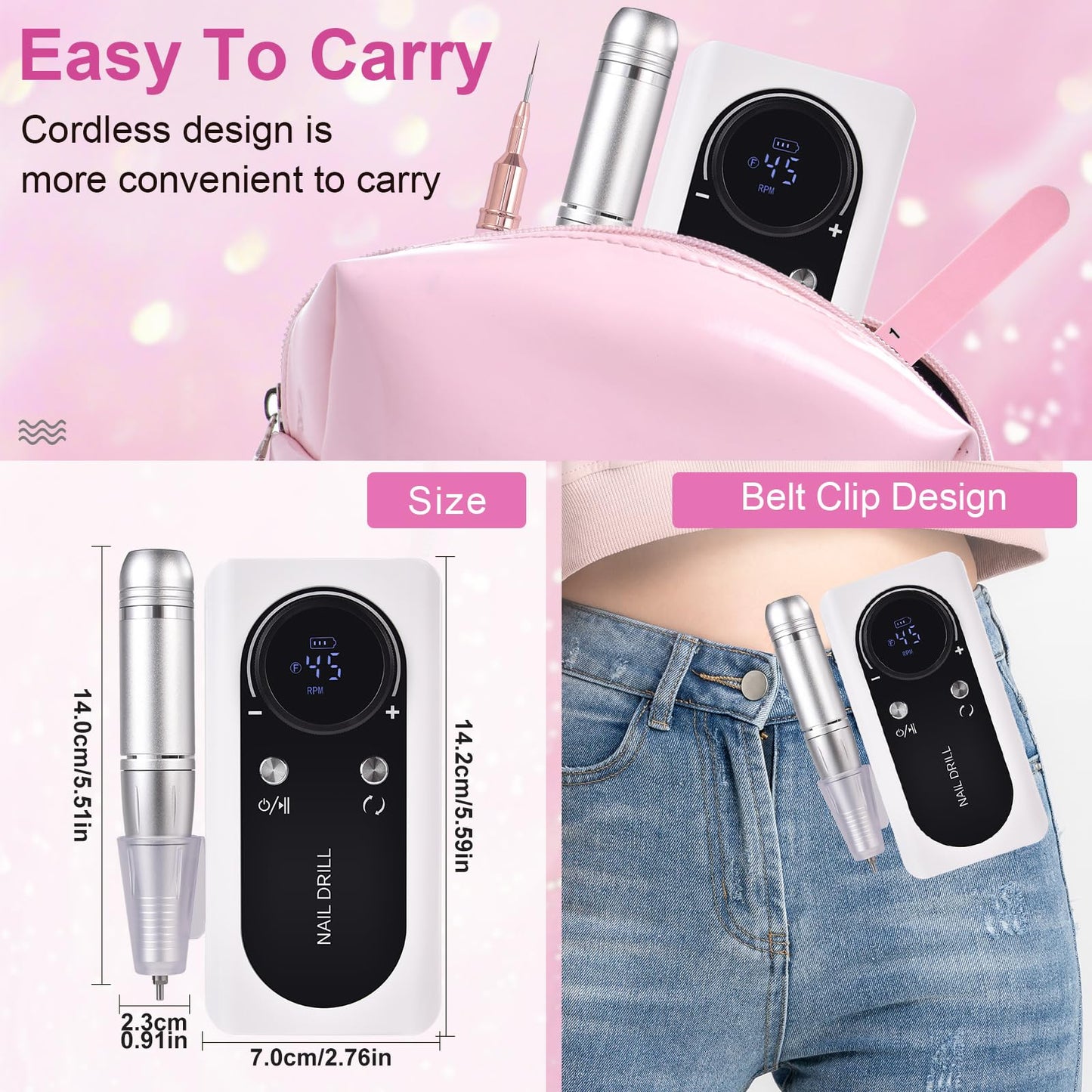 siyuwuro Electric Nail Drill Machine 45000RPM Professional Cordless Rechargeable Portable Nail File Removing Polishing Acrylic Gel Nails with 6 Drill Bits & Sanding Bands, for Nail Salon Home, White