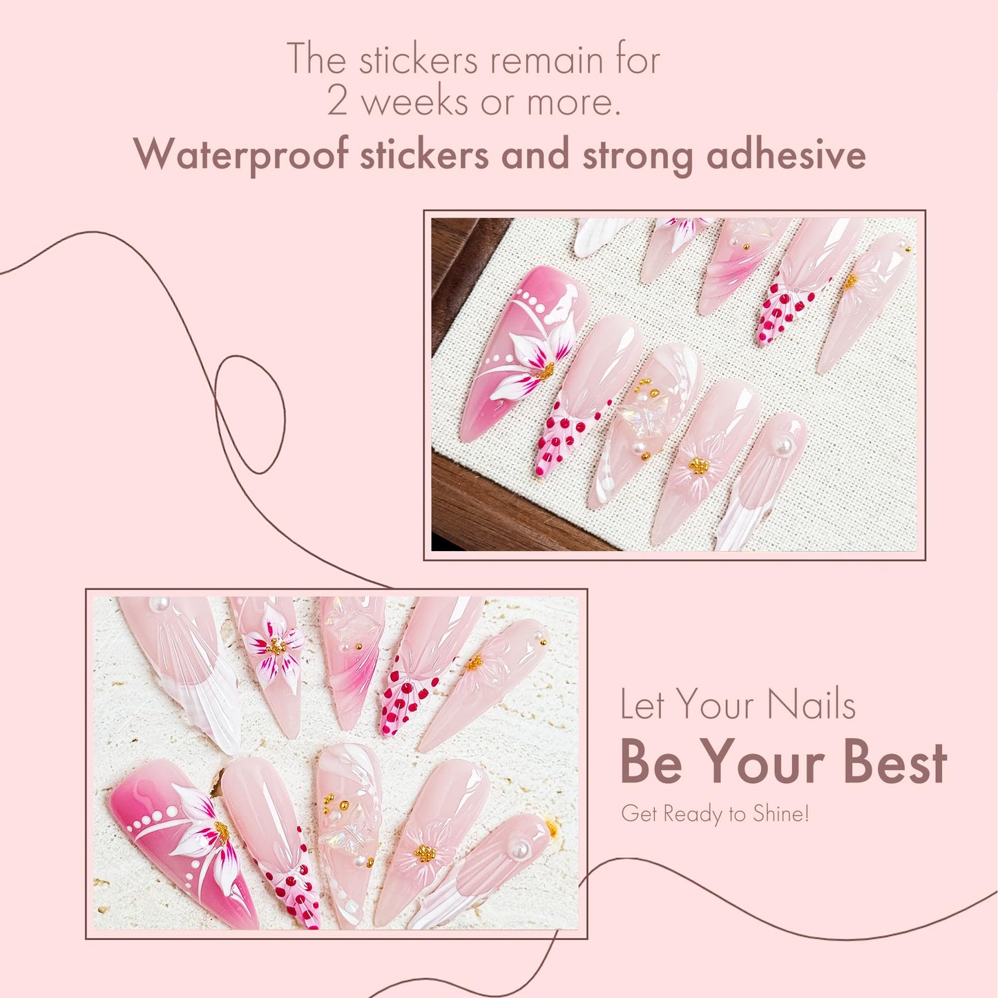 Petal Whisper 10PCS Long Pink Floral Gradient Press On Nails, 3D Flower Pearl Gold Accent Elegant Wedding Fake Nails for Women, Soft Glam Korean Style Acrylic UV Gel Press-On Nails Set (Pink, XS)