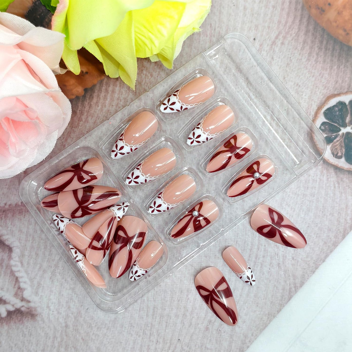 CJDLTS Flower Press on Nails Almond Shaped Artificial Acrylic French White False Nails 3D Floral Red Bow with Pearl Spring Glossy Design Medium Coffin Nail Artificial Fingernails for Women Manicure