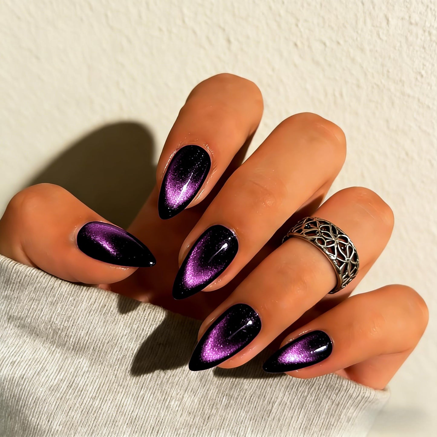 KQueenest Cat Eye Press On Nails Almond - Dark Purple Press On Nails Medium Stiletto, 30 Pcs 15 Sizes Glitter Fake Nails Press ons Black, Upgrade Thick Quality, Reusable Glue on Nail for Women Party
