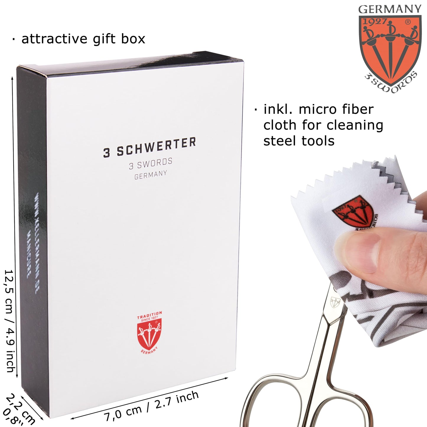 3 Swords Germany - Brand Quality 6 piece Manicure Pedicure Grooming kit Set - Scissors, Metal and Glass Nail File, Clipper, Tweezers with Synthetic Leather case - White/Black Tools