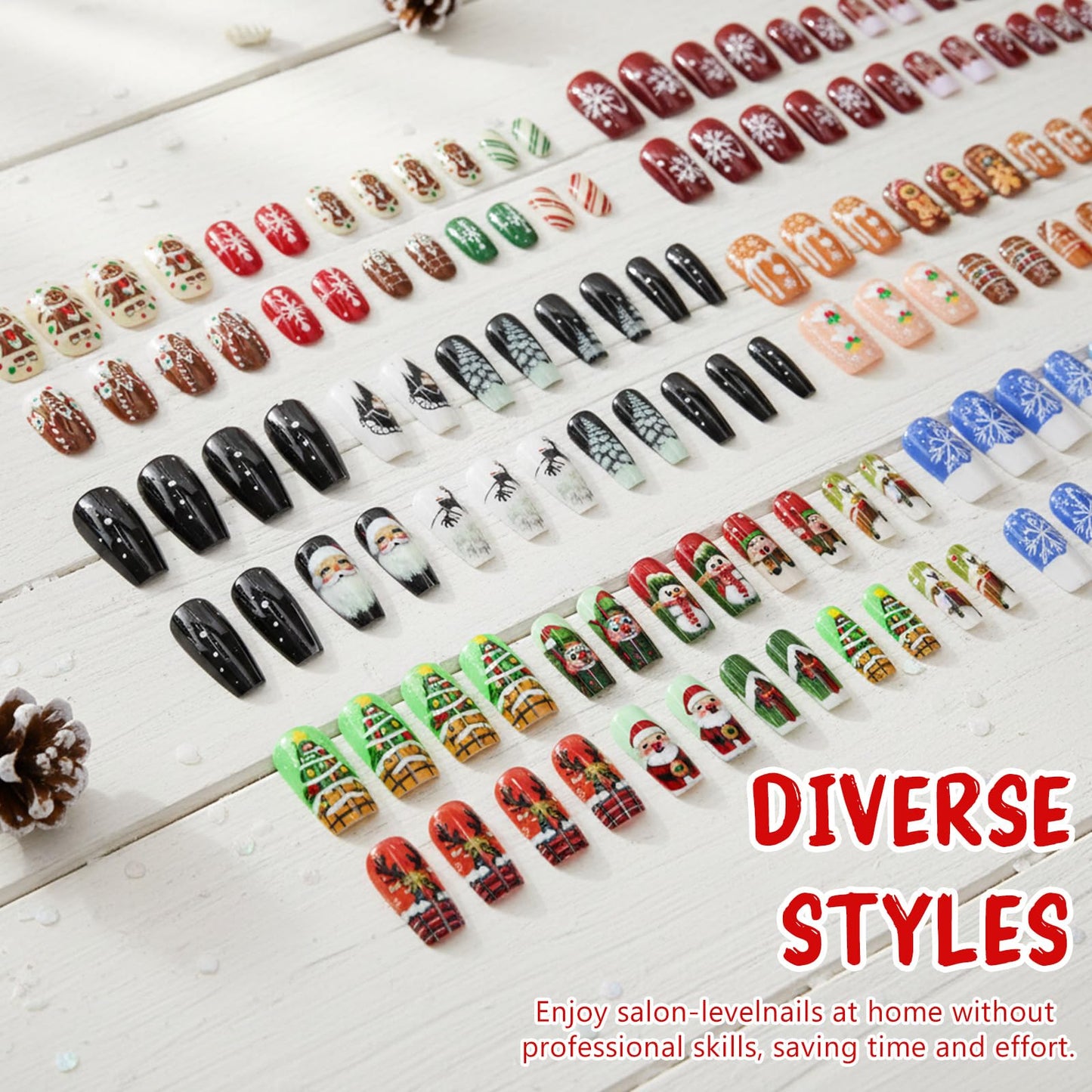 144 Pcs Christmas Press on Nails Kit Glossy False Nails with 6 Styles Designs Full Cover Acrylic Nail Christmas Santa Claus Elk Gingerbread Man Fake Nail Set for Women DIY Manicure Decoration