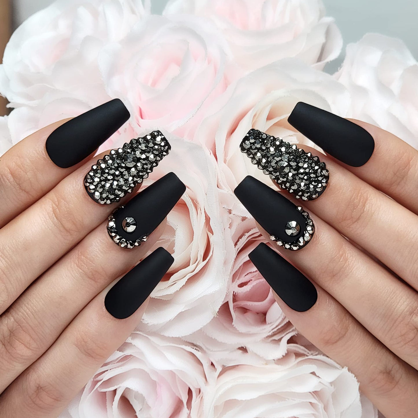 Hypnaughty Press On Nails - Rhinestone & Rhinestone Noir Coffin, Trendy & Salon Quality Reusable Nails With Kit