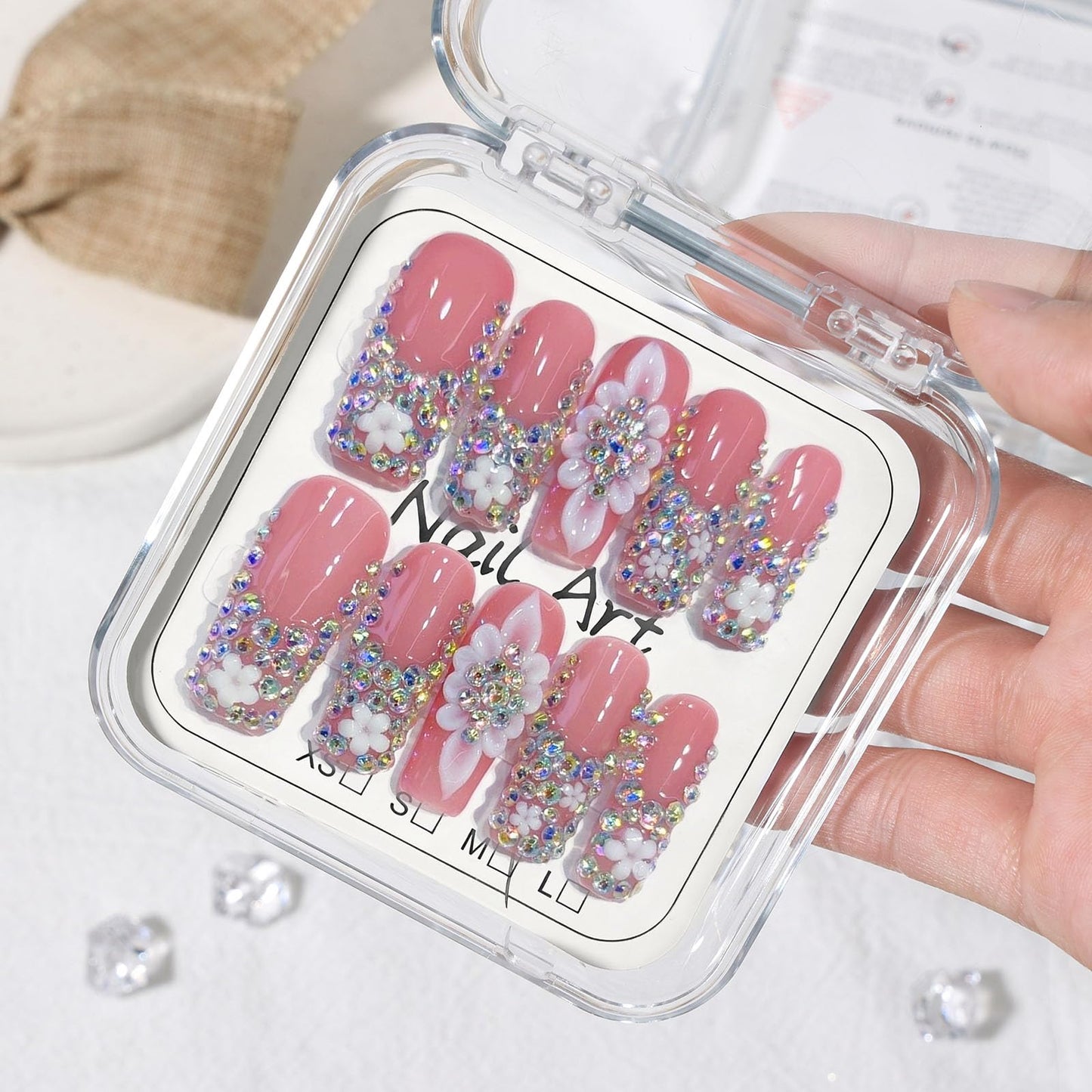 10 Pcs Handmade Press on Nails Long Square Fake Nails with 3D Flowers Rhinestones Charms Design Pink Acrylic False Nails Wedding Party Press Ons Nails Square for Women - M Size