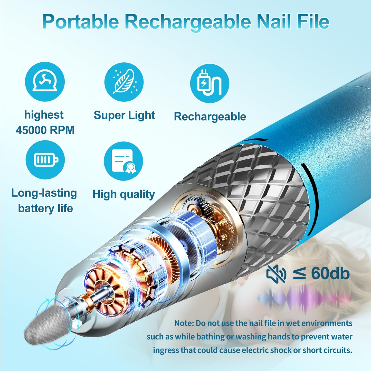 Electric Nail Drill Machine Professional, Cordless Rechargeable Nail Drill Kit Low Heat Quiet E-File for Acrylic Gel Polishing Removing with Bits Kit for Manicure Salon Home (Blue)