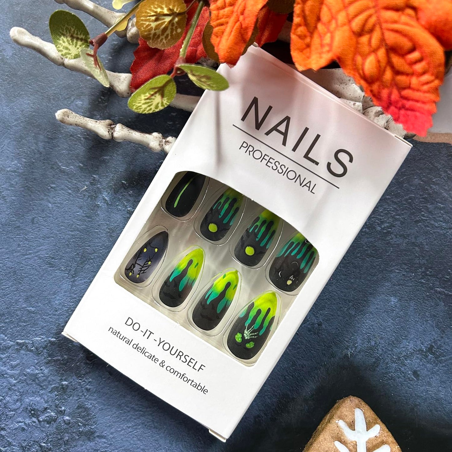 CJDLTS 24Pcs Halloween Fluorescence Press on Nails Long Bat Candle Skull Pattern Halloween Nail Full Cover Artificial Acrylic Fingernails French Tip Almond Stick on Nails for Women Festival Decoration