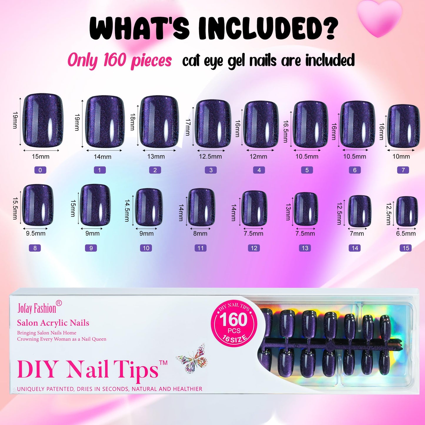 Press on Nails Short Square - Cat Eye Press on Nails, 5 Styles Soft Gel x Coat Nails False Nails, Bt Art Box Press On Nails in 16 Sizes -160PCS Soft Gel Fake Nails Kit
