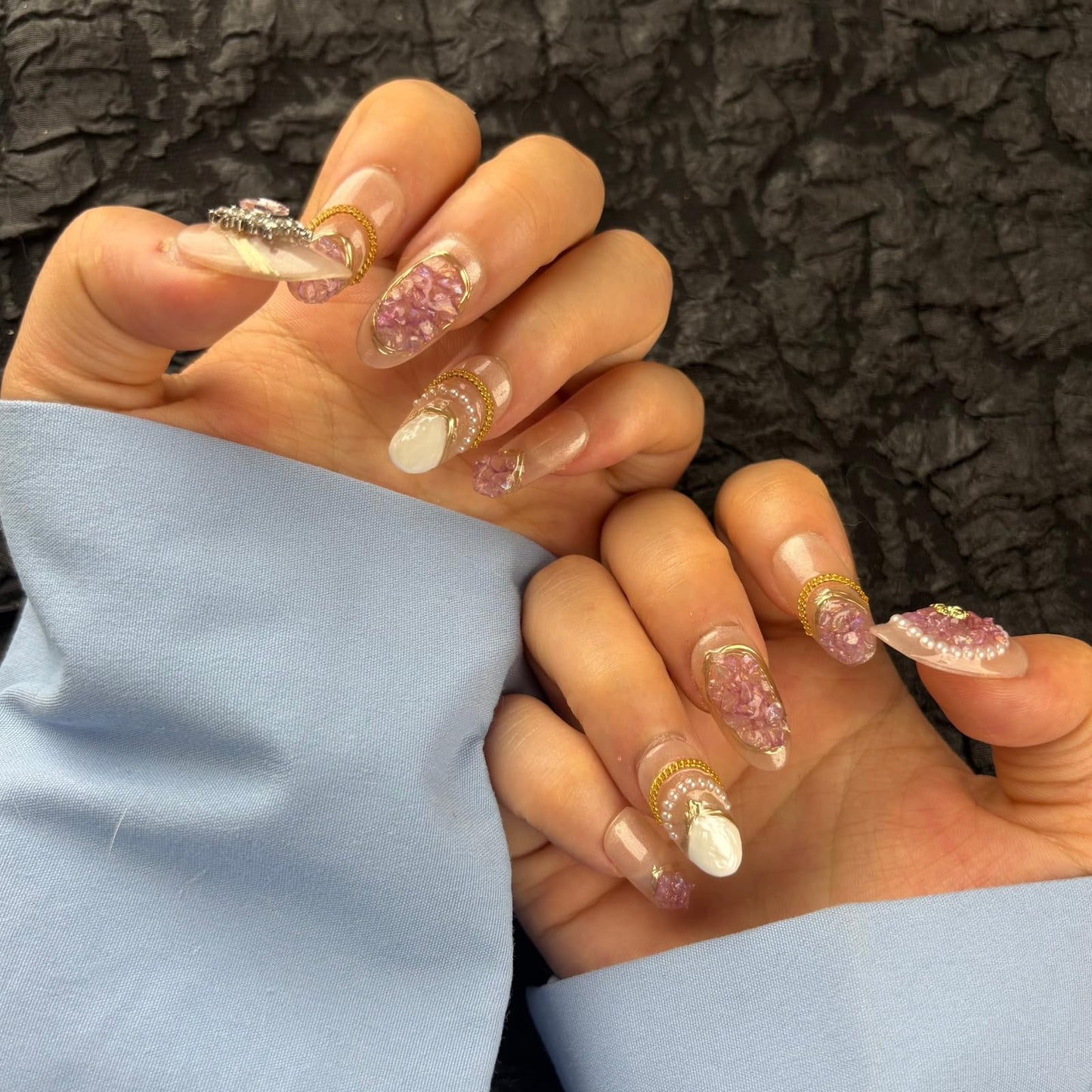 AKA Unicorn Handmade Press On Nails Medium Oval,Gold Chain&Pearl French Nail Tip,10Pcs Acrylic Fake Nails with Charm Design,Glue On Nail with 3D Rhinestone Stick On Woman Fingernails
