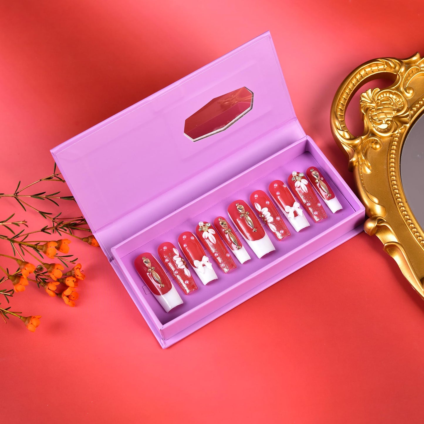 Tmani 10pc/set Extra Long Handmade Press On Nail Hot Girl's Long Ballet Square Nail Full of Diamond Glitter Decoration Fake Nails Suitable For Girls Festival Parties and Birthday Gift（148,Size-S)