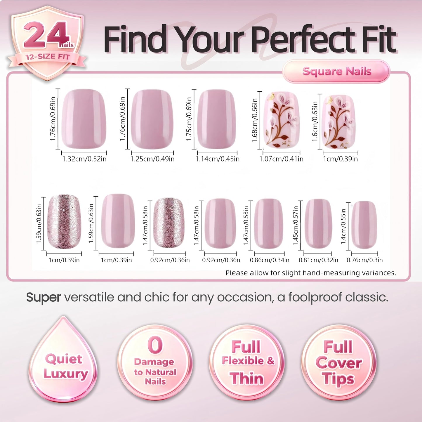 Taoyisent Nude Pink Press On Nails Short Square Glossy, Floral Glitter Fake Nails with Elegant Blossom Design, Reusable Full Cover Stick On Nails for Women Wedding Office Daily Wear, 24PCS
