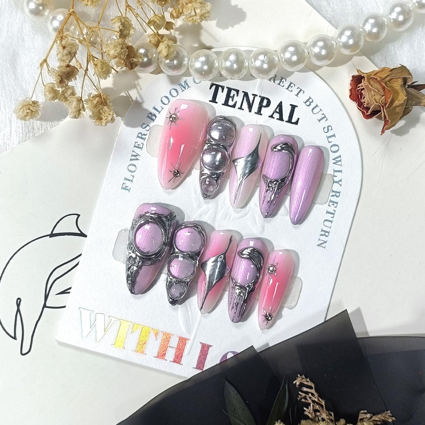 TENPAL Metallic Press on Nails Long Stiletto,Sweet Cool Soft Gel With Aurora Designs,10Pcs/Box Acrylic Handmade Pink Purple y2k False Nails Press Ons For Women Gift(XS)