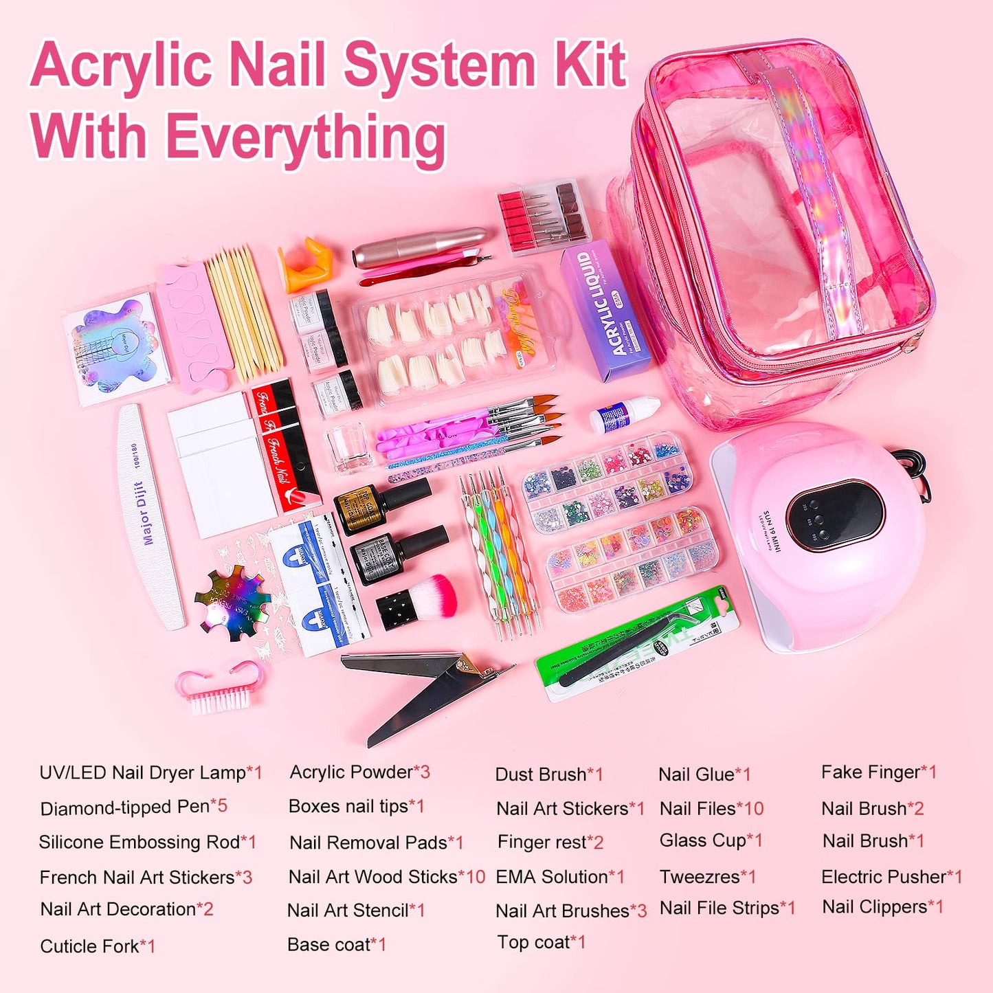 Acrylic Nail Kit Set for Beginners with Everything Acrylic Powder Nail Drill Lamp Starter Kit with False Nail Tips Nail Art Tools Cosmetic Gift Bag for Salon Home