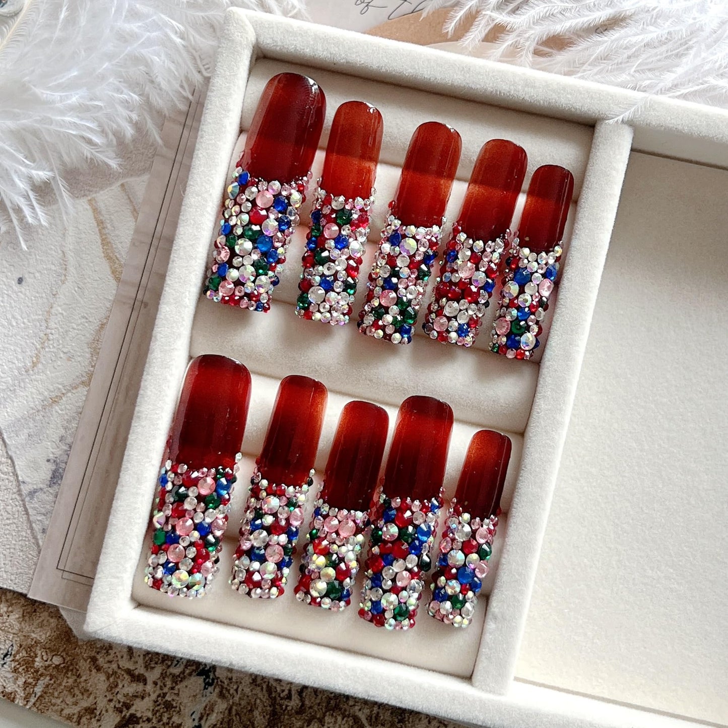 NAIL ANGEL 10PCS/SET Glamorous Handmade Press on nails Glitter Mixed Rhinestone French Long Coffin Nails Party Nails XXL Long Artifical Tips ZJ-04(S)