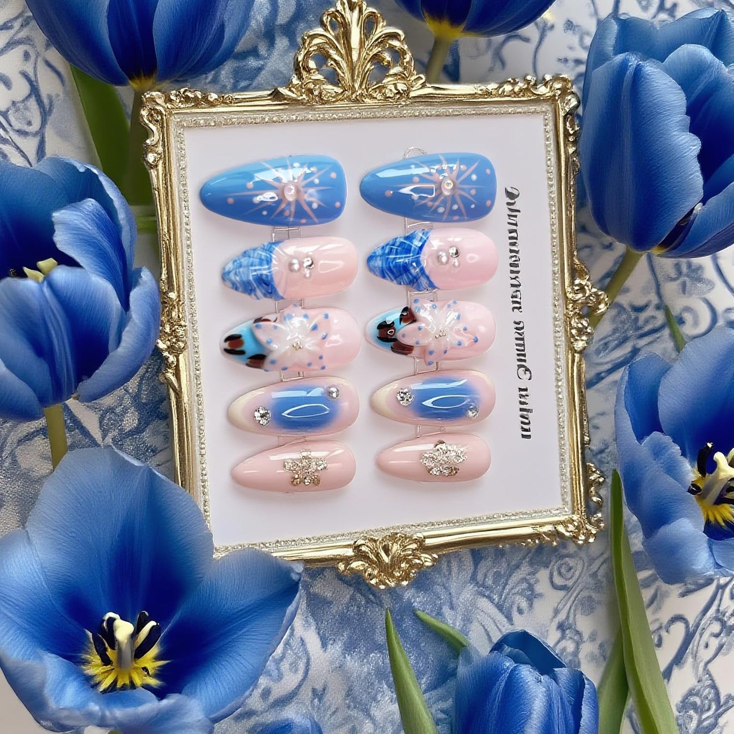Handmade Press on Nails Medium Almond Fake Nails Press Ons Summer 3D Luxury Cute Flower Full Cover Stick on Nails Floral Glue on Nails for Women Girls Manicure (Blue Summer M)