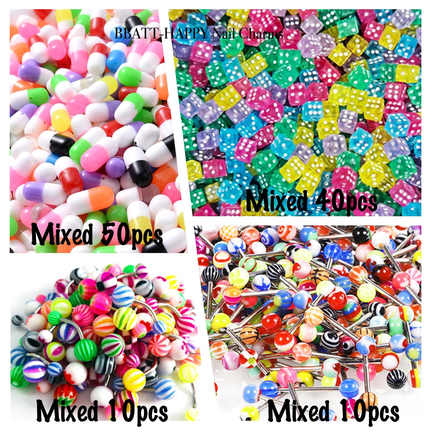 BBATT-HAPPY 240PCS Nail Charms for Acrylic Nails，Junk Nail Theme Eye Pill Puncture Dice Billiards Silver Half Round Pearl Nail Decorations ，Nail Accessories for Nail Art Supplies Manicure DIY