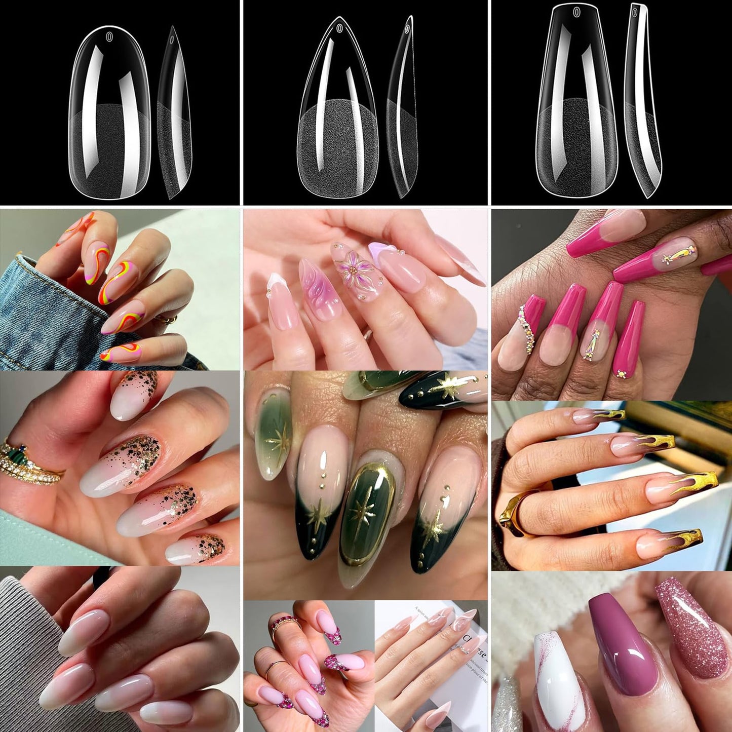 BlueZOO Gel Long Nail Tips Pre-etching Almond Coffin Oval Clear Press On Nails, Salon Quality 3 Styles 360Pcs Half Matte Full Cover Acrylic False Nails Extension DIY Manicure Beginner & Professional