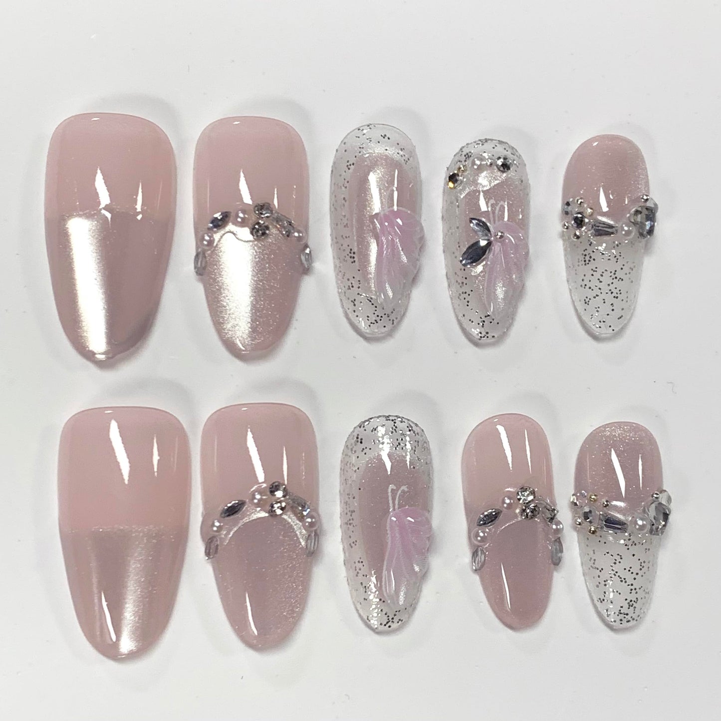 BABALAL Press on Nails, Medium Almond Fake Nails, Sliver Cat Eye Design, Pearl Rhinestone Charm Luxury Bling sparkly Acrylic, 24Pcs False Nails for Women Girls