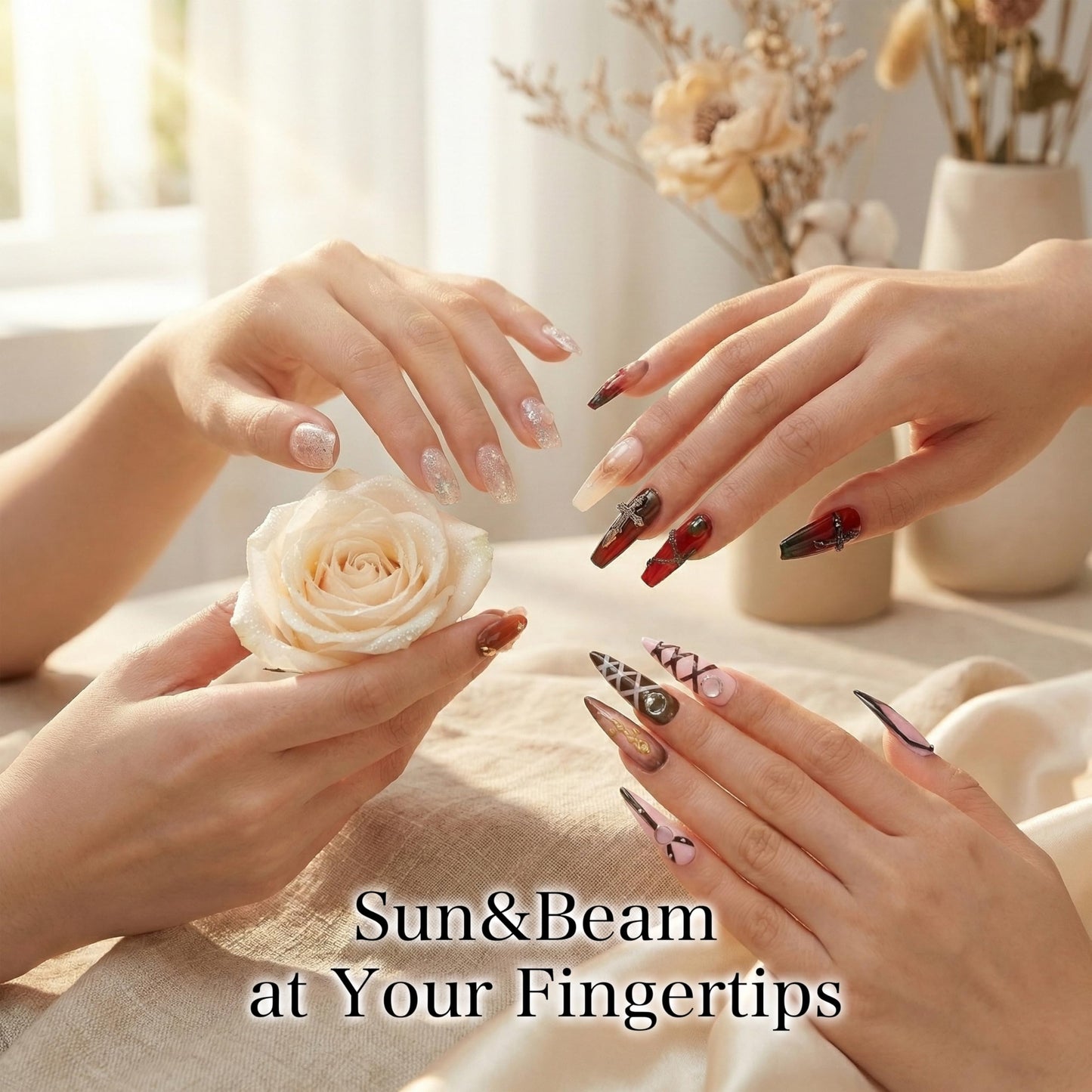 Sun&Beam Nails Semi Cured Gel Nail Strips Pink Snowflakes Real Gel Polish Wraps UV Lamp Required Winter Christmas Art 16 Stickers (#004 Pink Snowfall)
