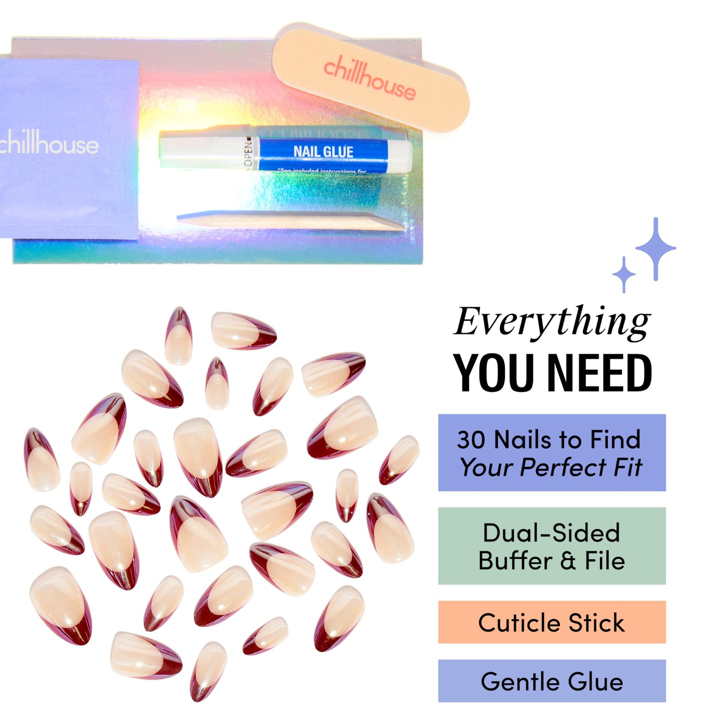 Chillhouse - Chill Tips, French Tip Press On Nails Kit - Bougie Vino (Almond) - 30 Nail Shapes & Sizes - 2 Weeks of Wear - Customizable Fit - French Manicure Kit - Women Owned - Beauty & Self Care