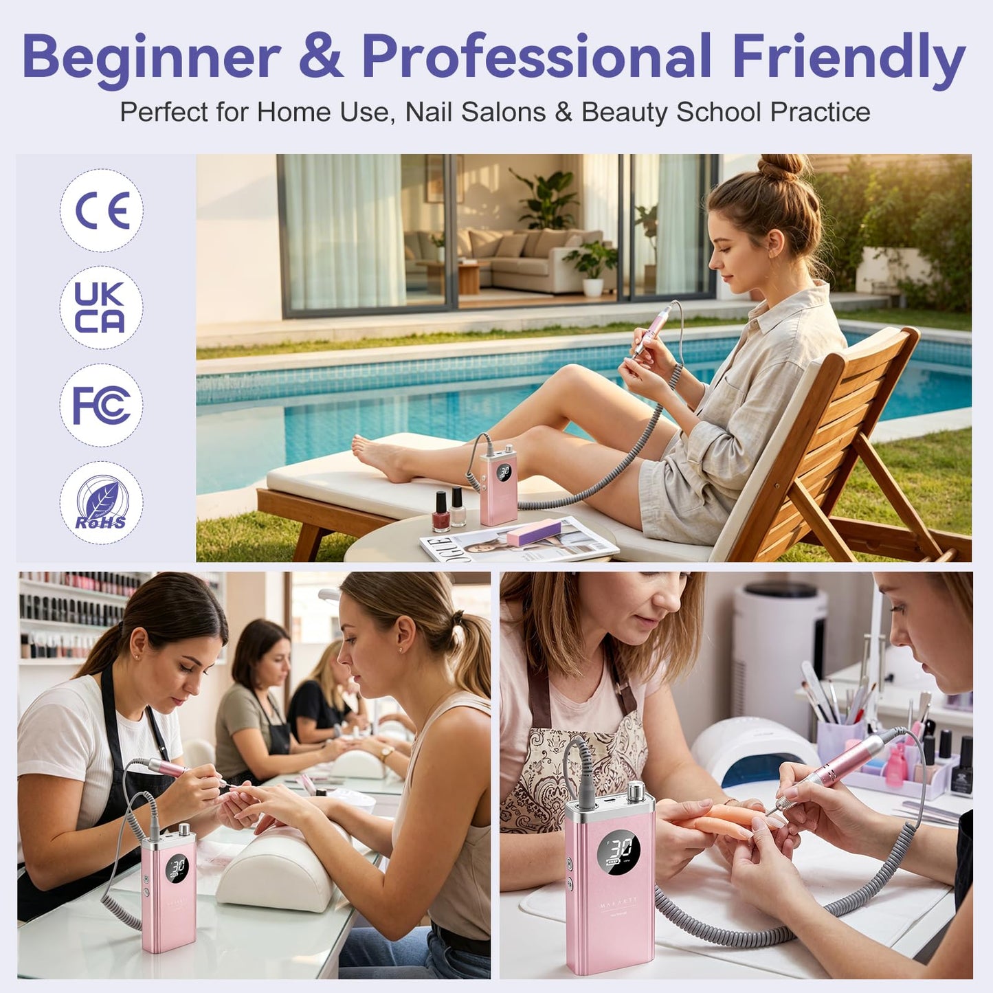 Makartt Cordless Nail Drill 30000RPM - Rechargeable Electric Nail File for Beginners & Pros Ready, Quiet 8H Efile Kit for Acrylic & Gel Removal, 48W Carbon Motor with LCD, Home & Beauty School, Pink