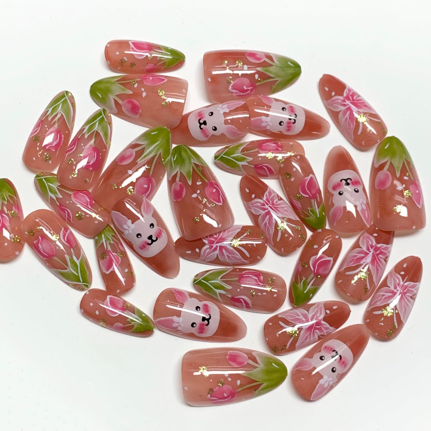 BABALAL Press On Nails, Short Almond Fake Nails, Pink Blossom With Bunny & Floral, Cute Kawaii Spring Summer Glossy Glue On Nails For Women And Girls Kids 24Pcs
