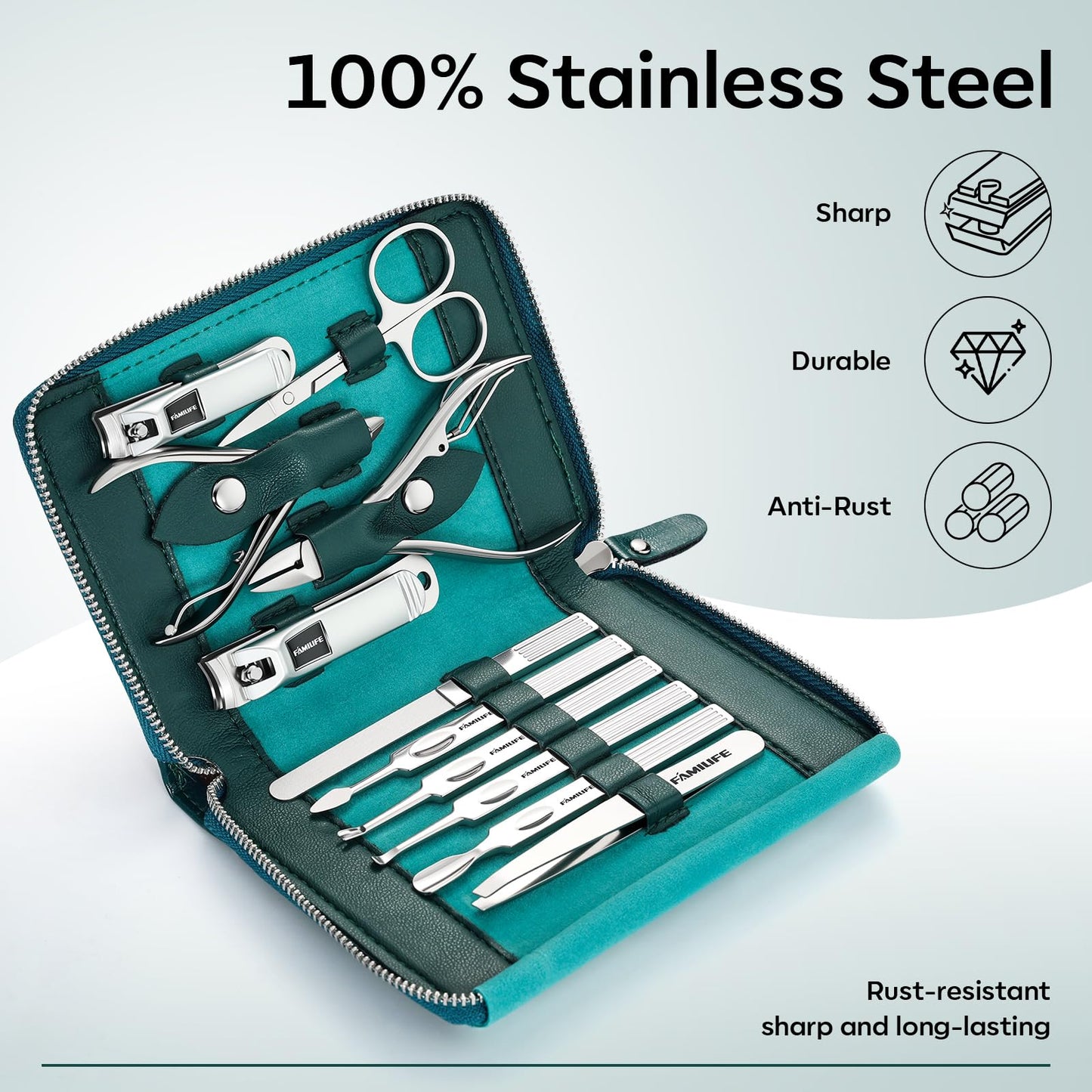 FAMILIFE Nail Kit, Professional Manicure Set Manicure Kit, 11 in 1 Stainless Steel Nail Clippers Set Pedicure Tools, Men Grooming Tool with Portable Blue Leather Travel Case Luxury Gifts for Him