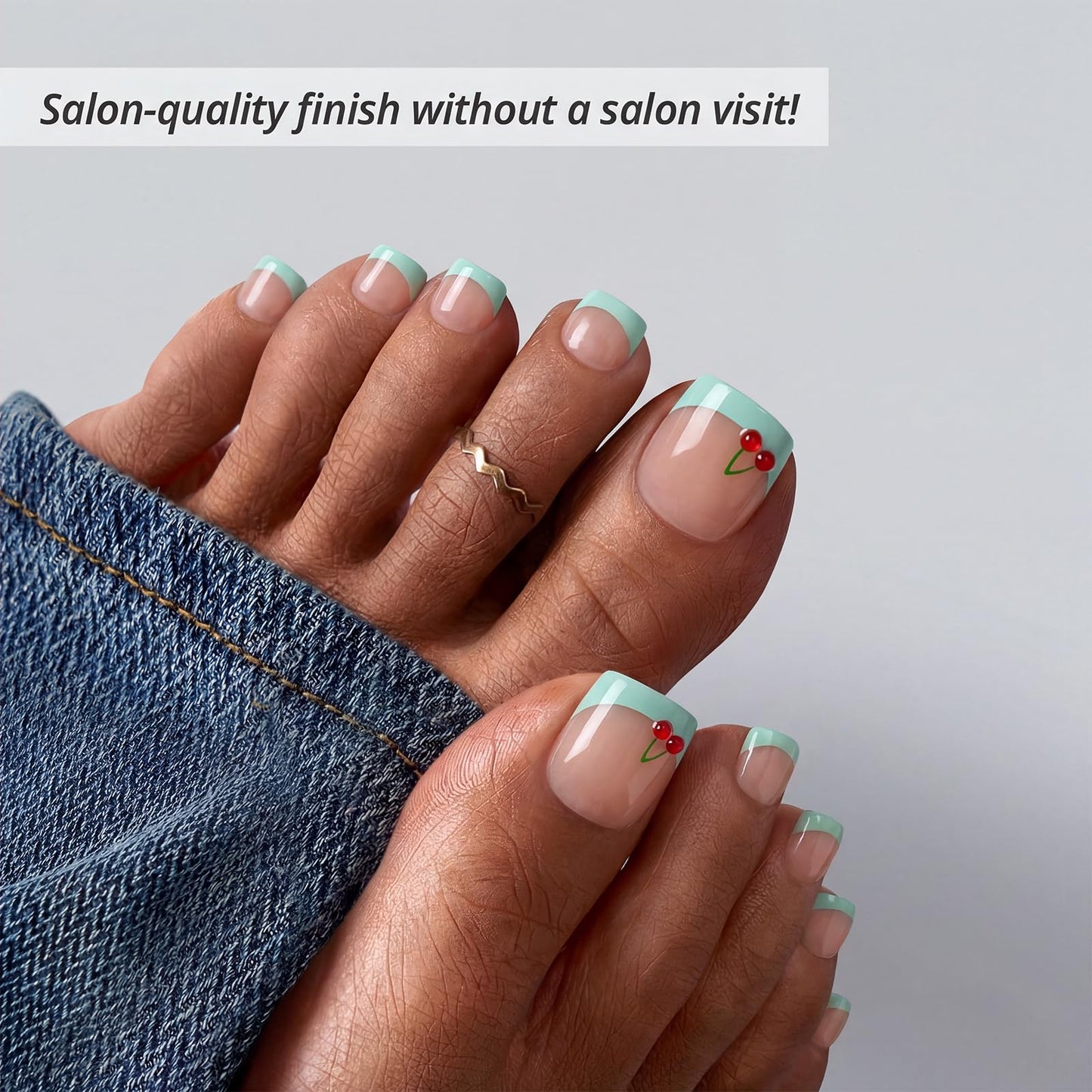 BTArtbox Press On Toenails Short - Berry Pail, Lamp-Curable 4-Week Wear 3D French Tip Square Toe Nail Press Ons with Glue and Adhesive Tabs, Easy-to-Apply in 15 Sizes - 30 Toenails All-in-One Kit