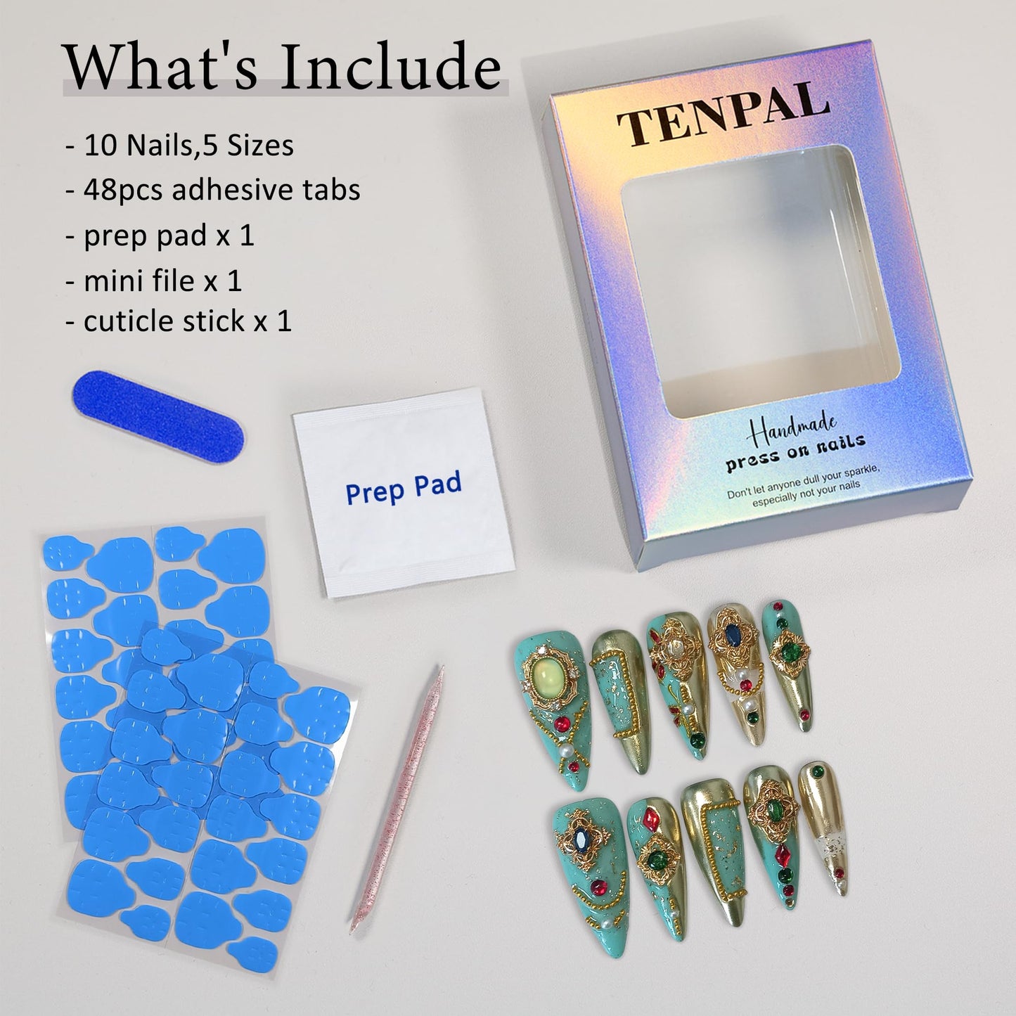 TENPAL Handmade Palatial Press On Nails Long Stiletto,Heirloom Chrysoberyl & Ruby Inlaid Artisan Cameo Designs,Reusable Wedding Fake Nails for Bride 10Pcs with Tools Kit(XS)