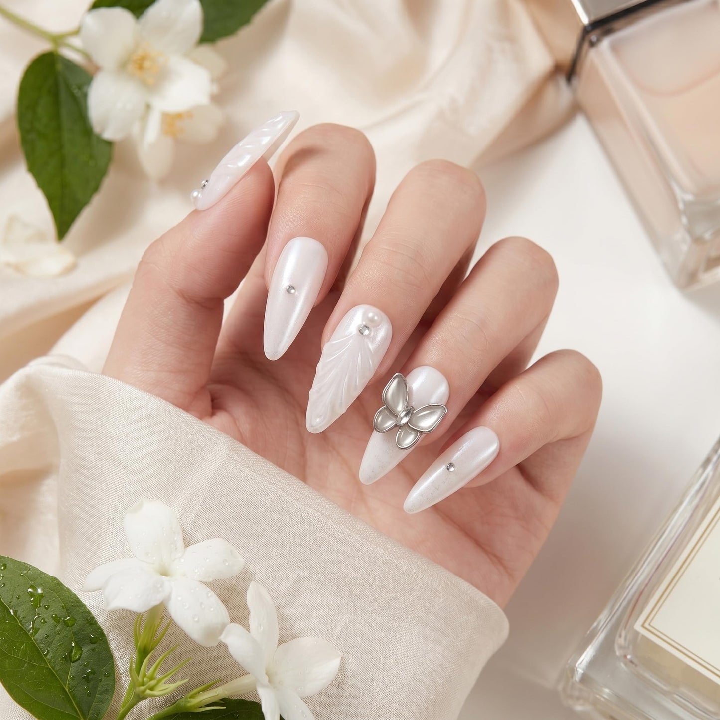 Sun&Beam Nails Handmade Press On Nails Long Stiletto Silver Glitter Butterfly Pearl Shimmer 10 Pieces for Everyday Wear and Special Occasions (#020 S)