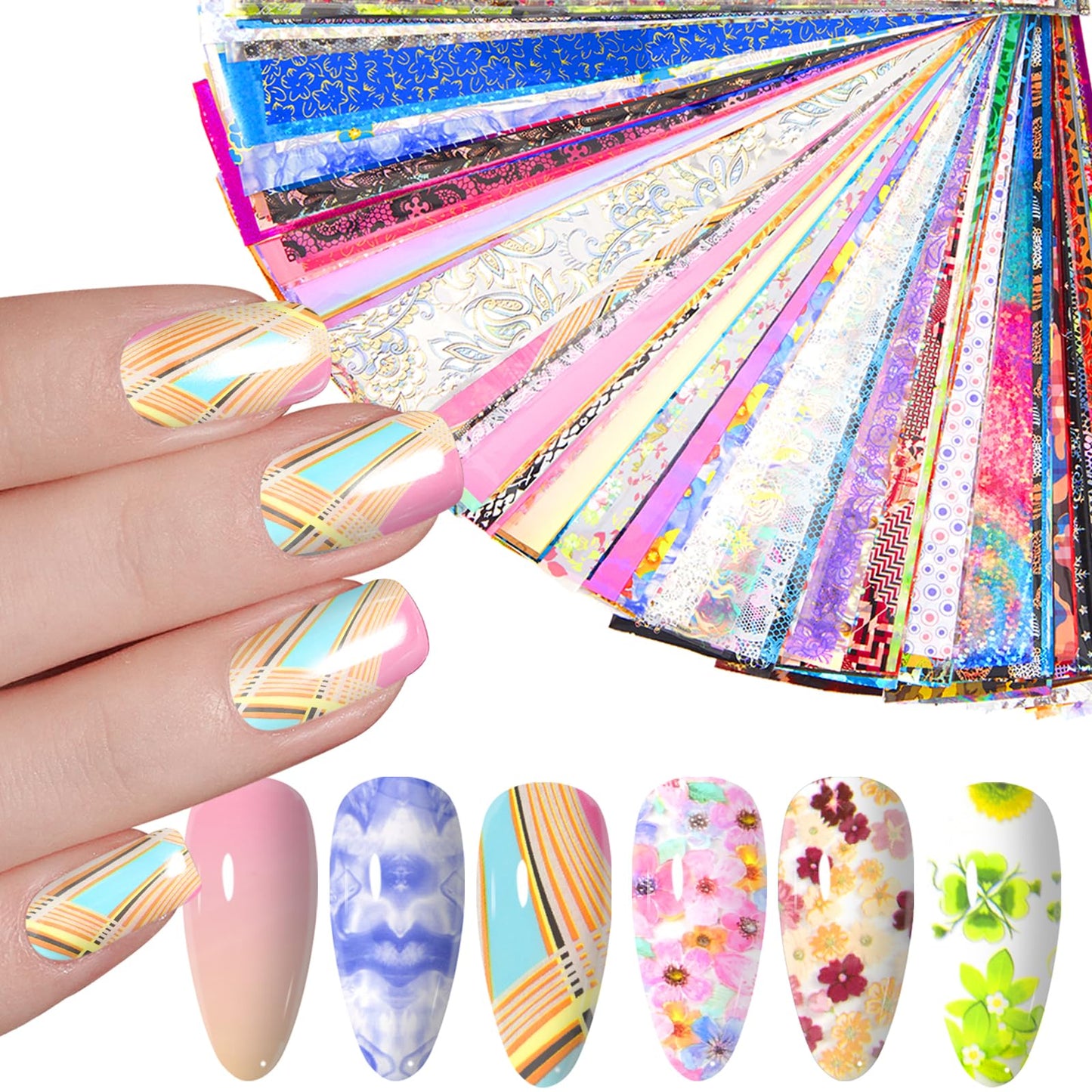 DANNEASY 300 Sheets Nail Art Foil Transfer, Nail Foil Wraps, Flowers, Laser Metallic Nails Stickers Design Starry Sky Star Holographic Nail Foils Decoration for Women Nails Supplies