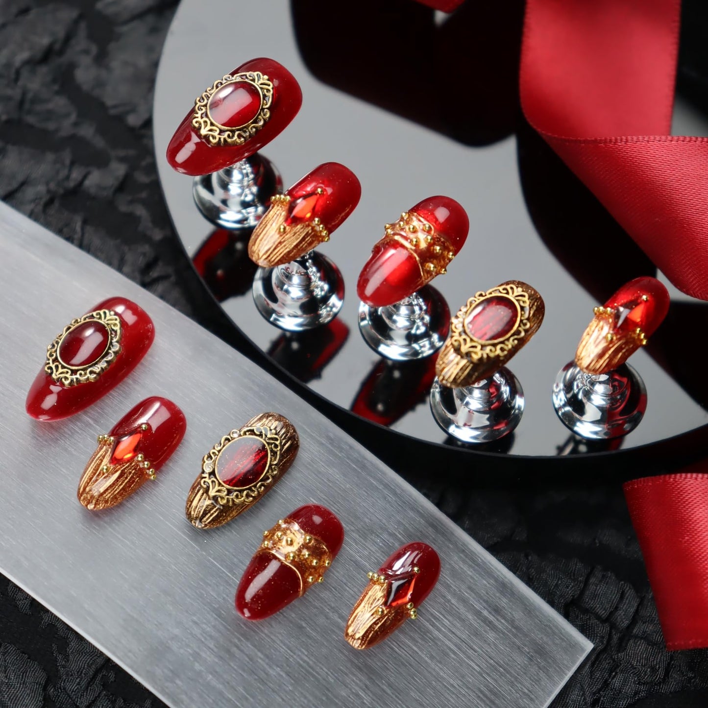 Red Press on Nails Retro Nail Art with Diamond Design Handmade Nails Press ons Gold Fake Nails Medium Almond Glue on Nail Reusable French Tip Stick on Nail for Women Girls Gorgeous Manicure (M)