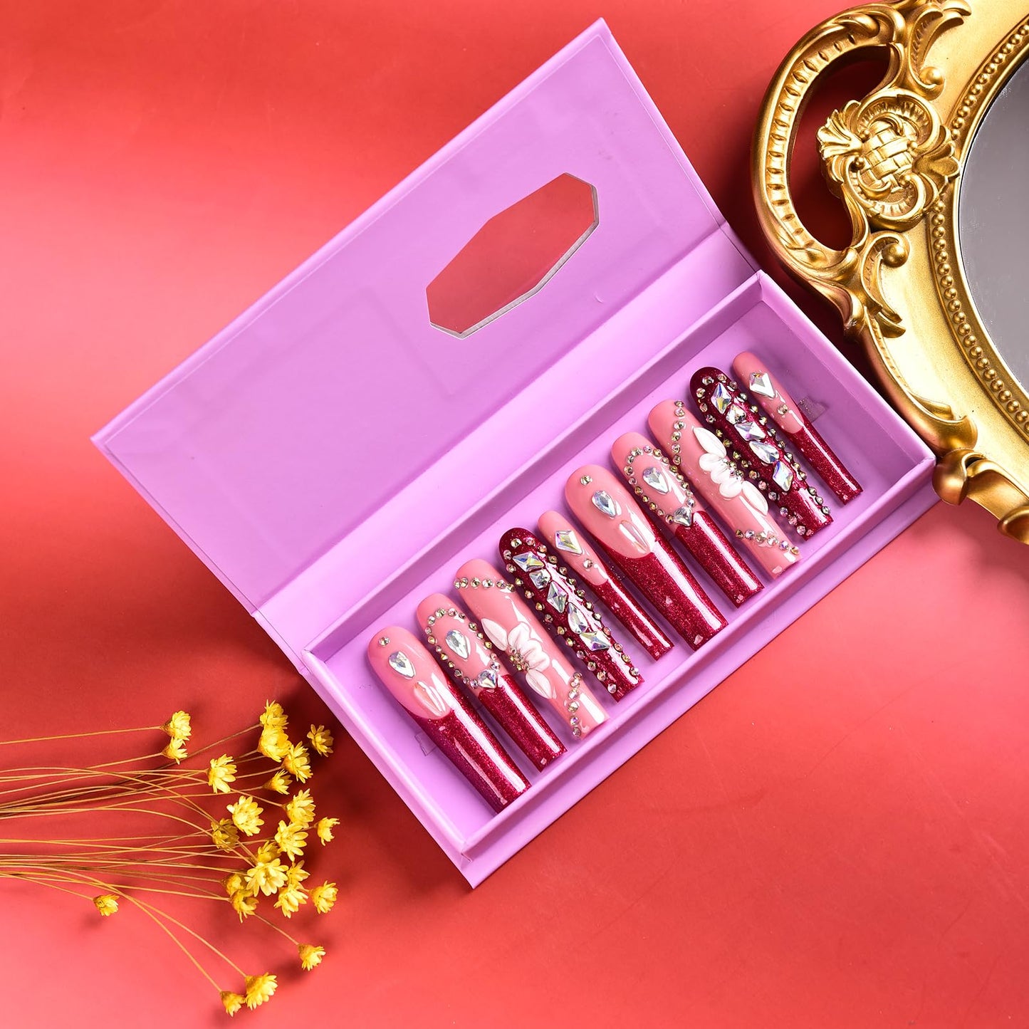 Tmani 10pc/set Extra Long Handmade Press On Nail Hot Girl's Long Ballet Nails Square Nail Full of Diamond Glitter Decoration Fake Nails Suitable For Girls Festival Parties and Birthday Gift (241,L)