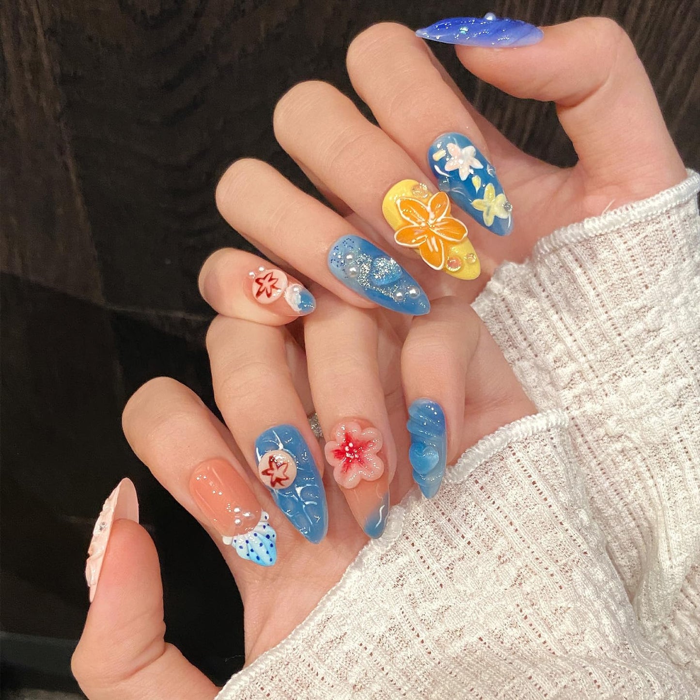Handmade Press on Nails Medium Almond Fake Nails Summer Sea 3D Luxury Cute Flower Full Cover Stick on Nails Floral Glue on Nails for Women Girls (Blue Ocean M)
