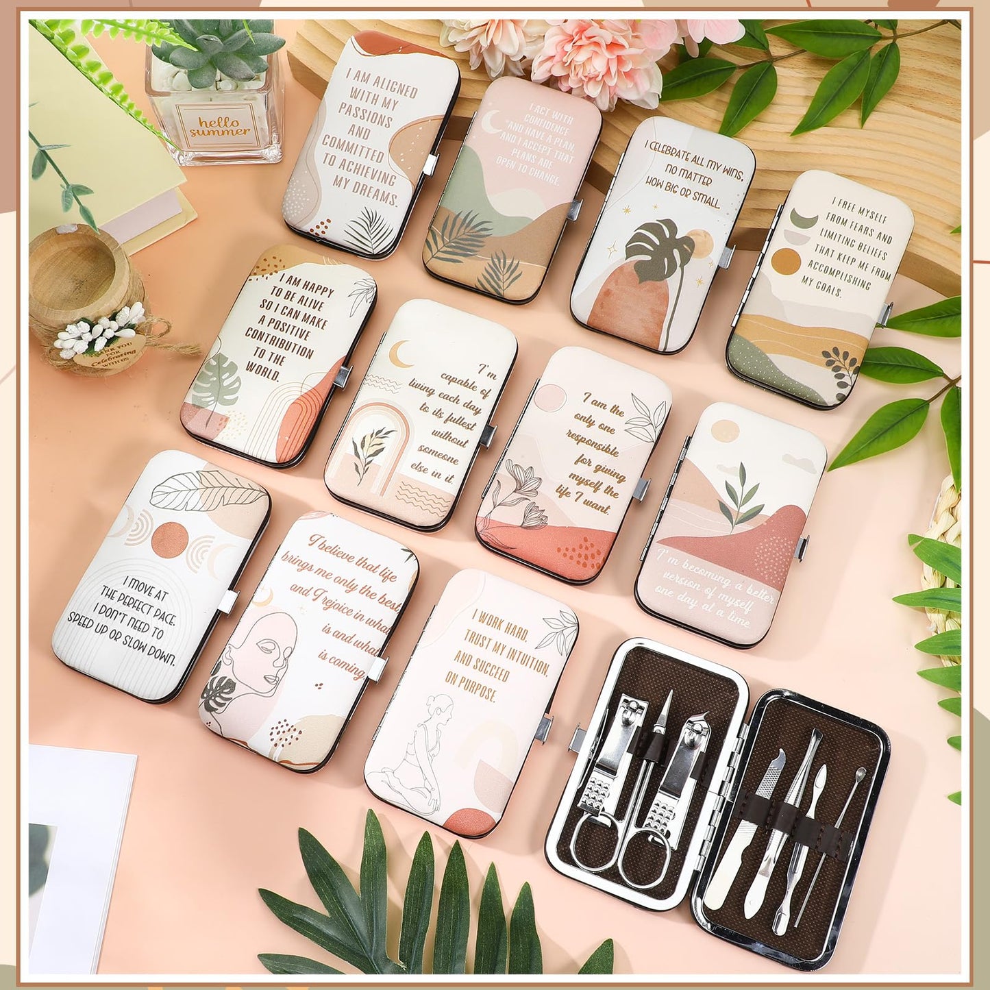 Capoda 12 Set Positive Affirmations Gifts Bulk Manicure Set Mothers Day Gift Nail Clippers Kit 7 in 1 Boho Inspirational Manicure Kit for Women Coworkers Employee Teacher Staff Nurse Gifts Supplies