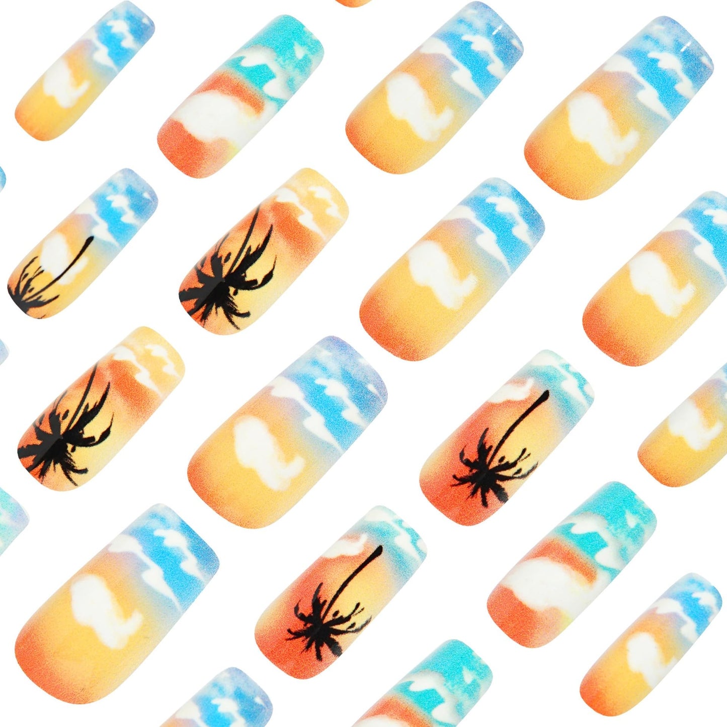 CTTHNBD Press on Nails Medium - Coffin Fake Nails with Beach Coconut Tree Design - Colorful, Summer False Nails Press ons - for Women 24 Pcs