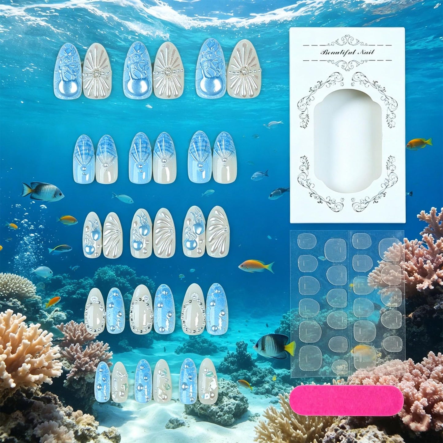3D Jellyfish Press on Nails with Ocean Design Beach False Nails Glossy Blue Ombre French Tips Medium Almond Fake Nail Seashell Stick on Nail Pearl Glue on Artificial Fingernails for Women Summer Wear
