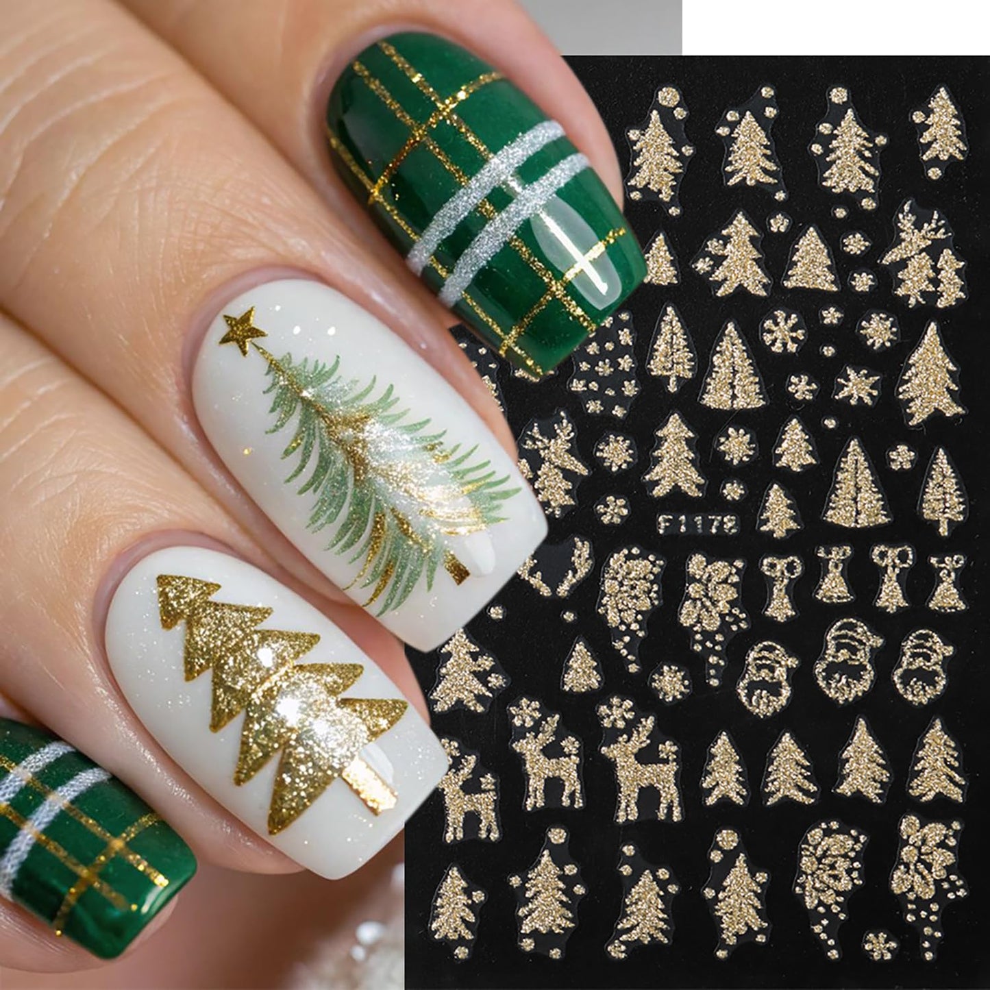 Christmas Gold Nail Art Stickers Cute Snowman Elk Christmas Trees Nail Decals Holographic 3D Self -Adhesive Golden Glitter Snowflake Nails Stickers Xmas Nails Decoration for Women Featival Manicure