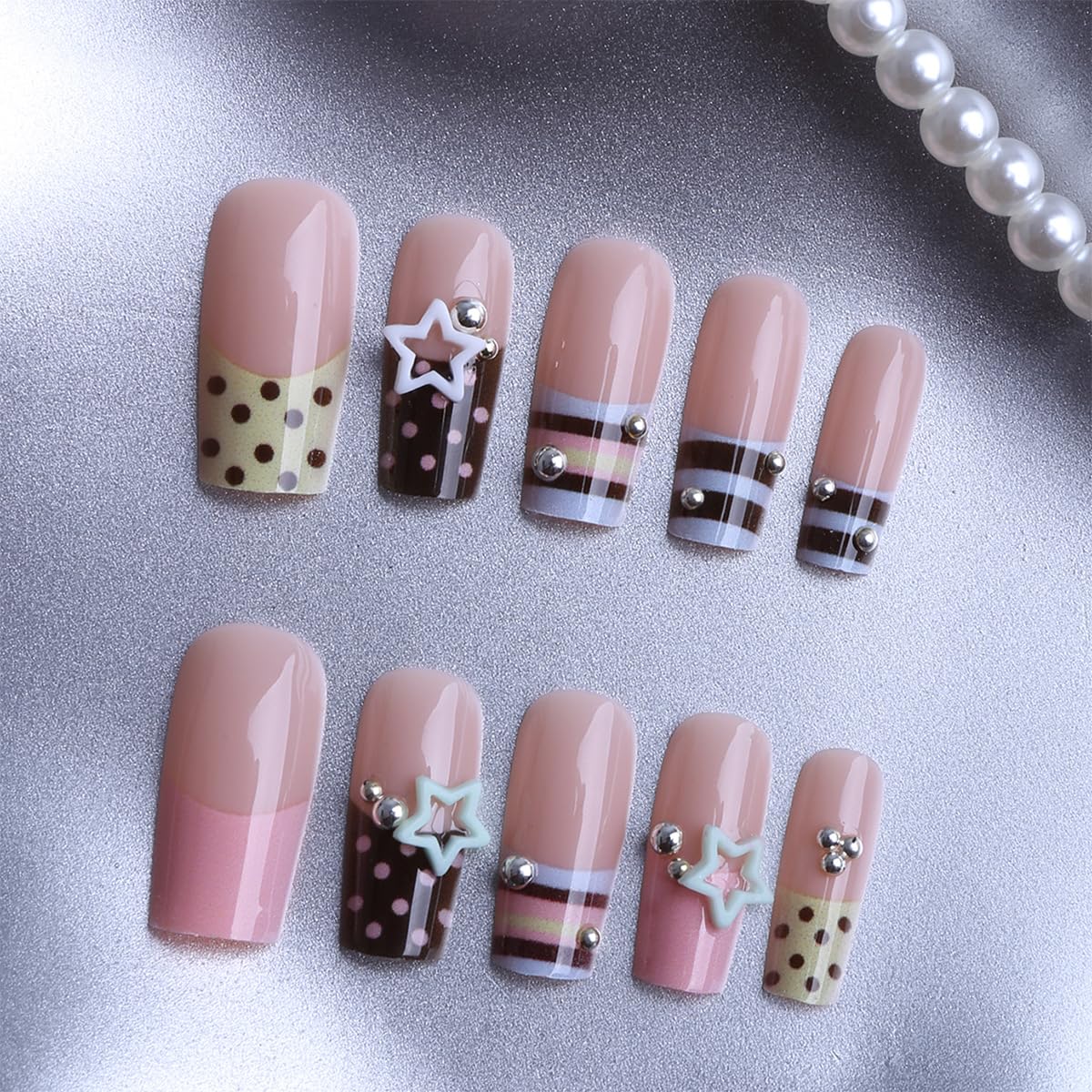plalely Press on Nails French Tip, Handmade Acrylic Press on French Tip Nails with Flower Designs，Long Square Nail Press Ons for Women 24pcs