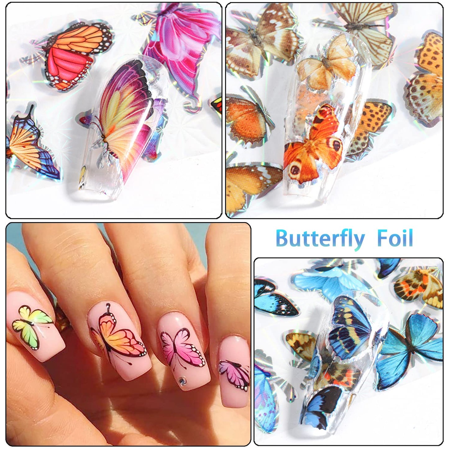 Holographic Nail Foil Transfer Stickers Decals, Butterfly Nail Foils Polish Sticker, Laser Glitter Big Butterflies Nail Art Design Supplies for Nail Transfer Glue Polish, Women Nail Film Decorations