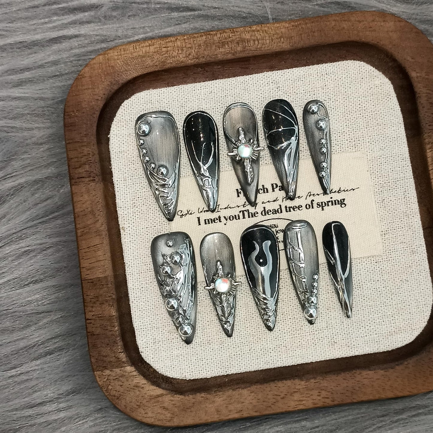 TENPAL Cat Eye Black & Mirror Powder Gradient Obsidian Press on Nails Long Stiletto,Hand-Painted Butterfly & Meteor Designs Fake Nails with Tools,3D Crystal Gothic Punk Nail Kit with Tools 10pcs(L)