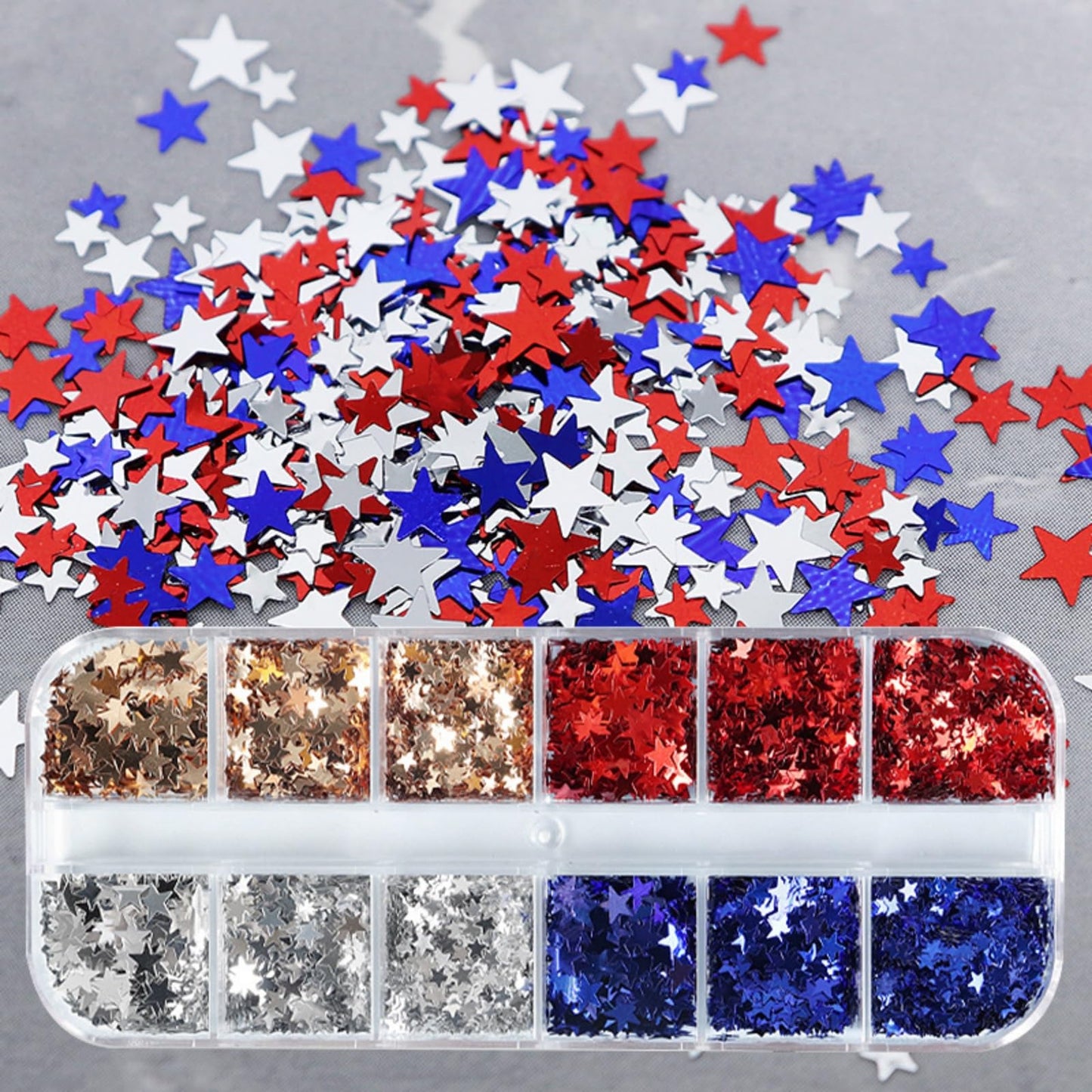 Star Nail Glitters 4th of July Nail Art Sequins Holographic Red Blue Gold Silver Nail Flakes Sparkly Glitter Nails Sequins Independence Day Glitter for Women Manicure Art 1 Box 4 Color