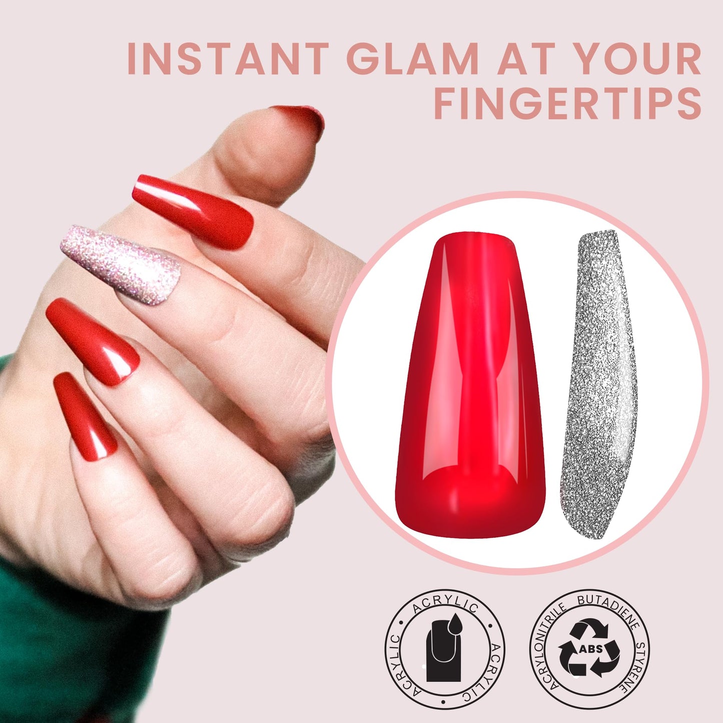 Allkem Press On Nails |Daring Red Medium Long Tapered Ballerina 10 sizes - 20 pcs Coffin Nail Kit with Glue