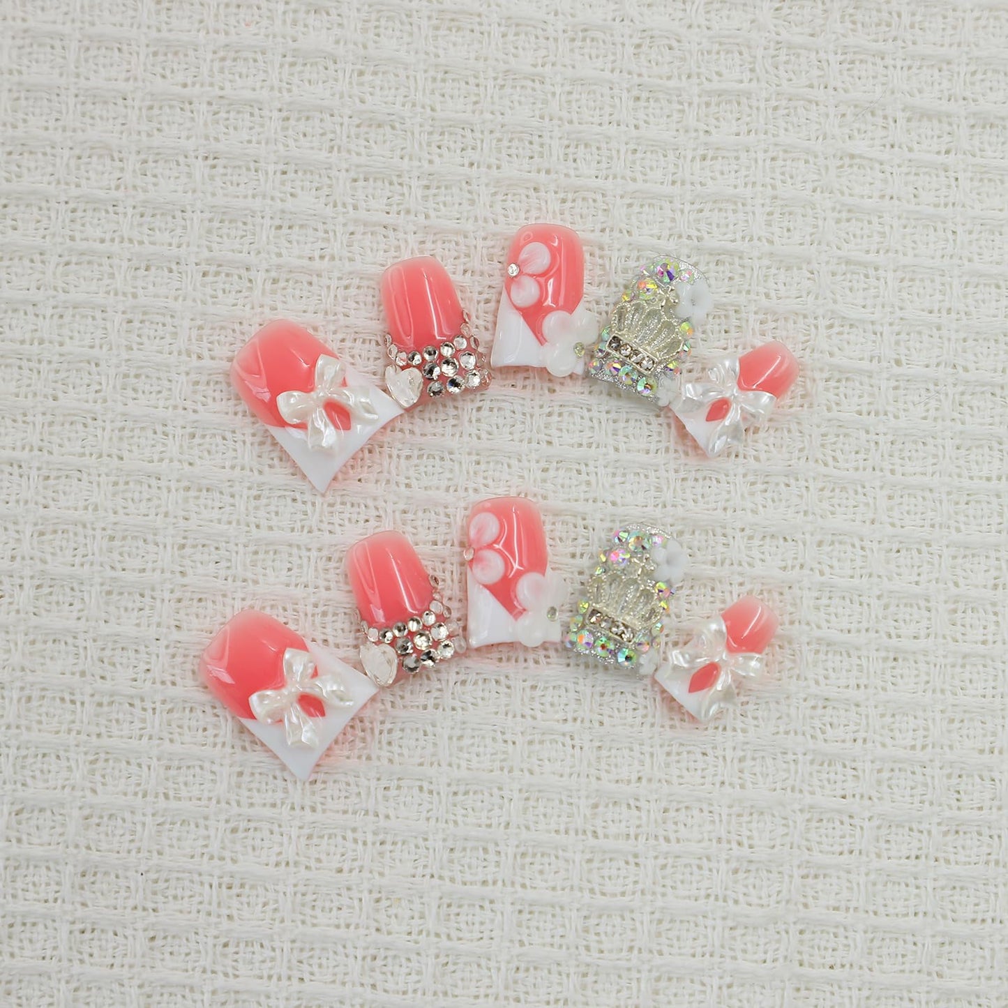 10Pcs Handmade Press on Nails Short Duck Fake Nails with 3D Bow Flower Rhinestone Design White French Tip False Nails Reusable Handmade Nails Press ons Artificial Full Cover Glue on Nail for Women (S)