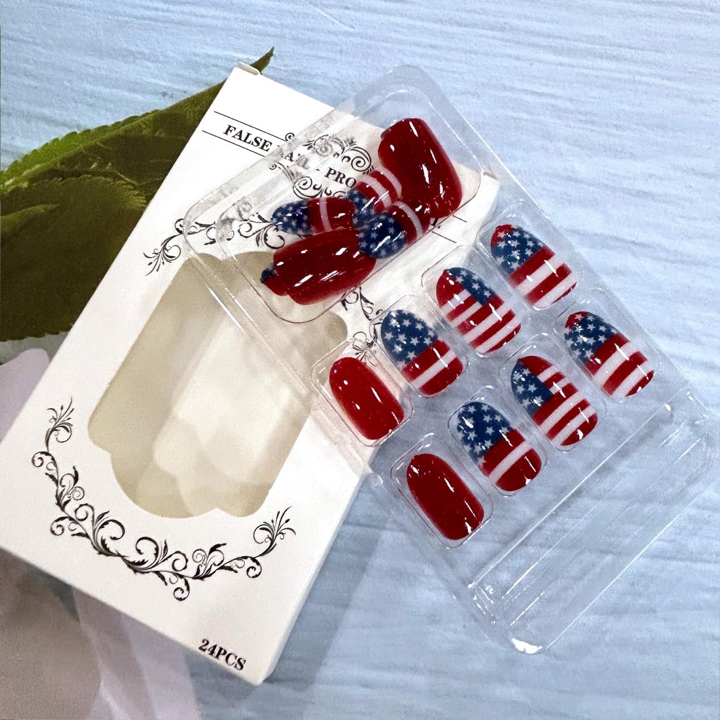 24Pcs Independence Day Press on Nails Short Oval Shaped Star Patriotic Fake Nail USA Flag Red White Stripes Pattern Design 4th of July Glossy Artificial Fingernails Holiday Glue on Nails for Women