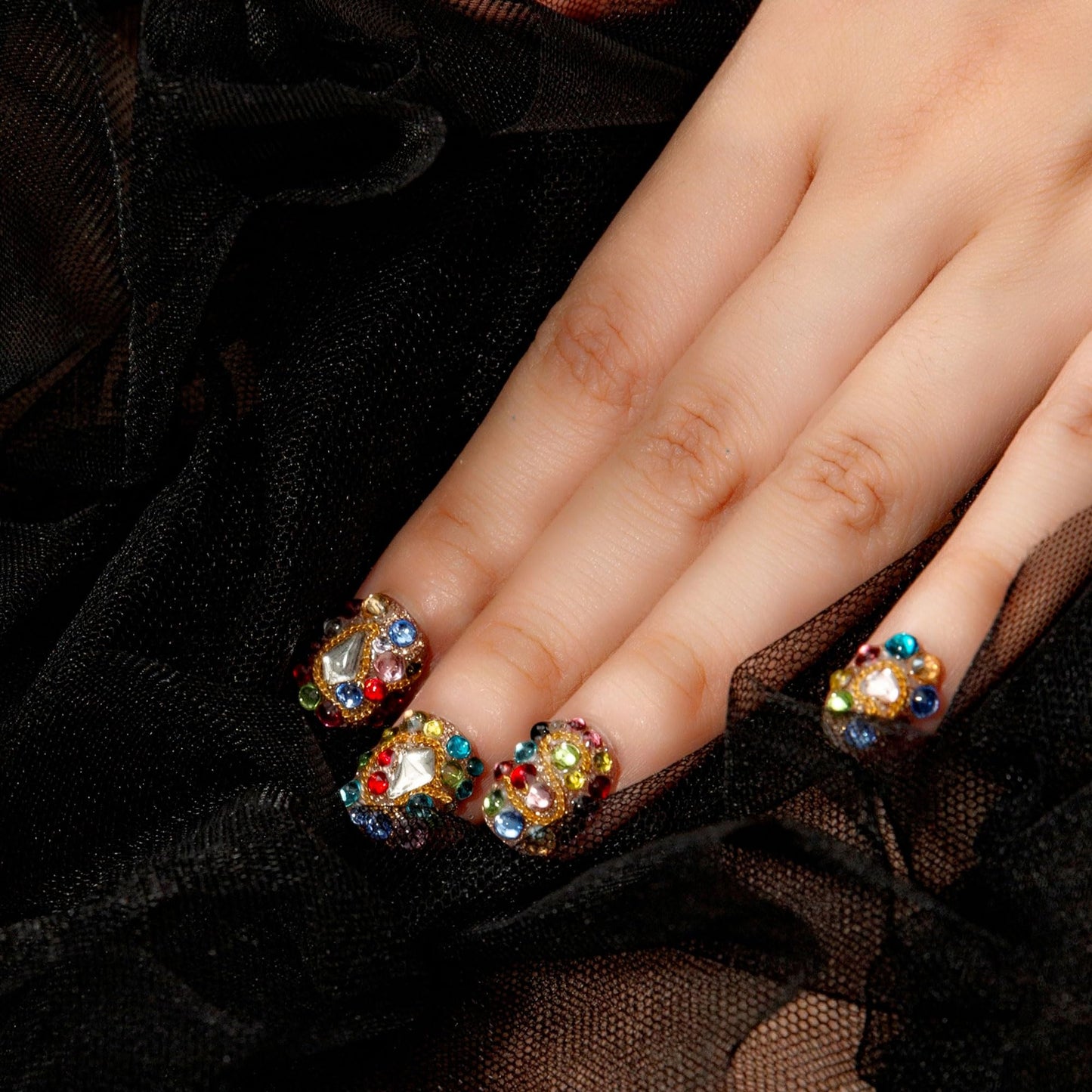 LOVFUL Press on Nails Rainbow Luxe | Handmade with Full Covered Crystals | Reusable Full Cover Nails | Square Short 0.8 in | K21(YH482)-L