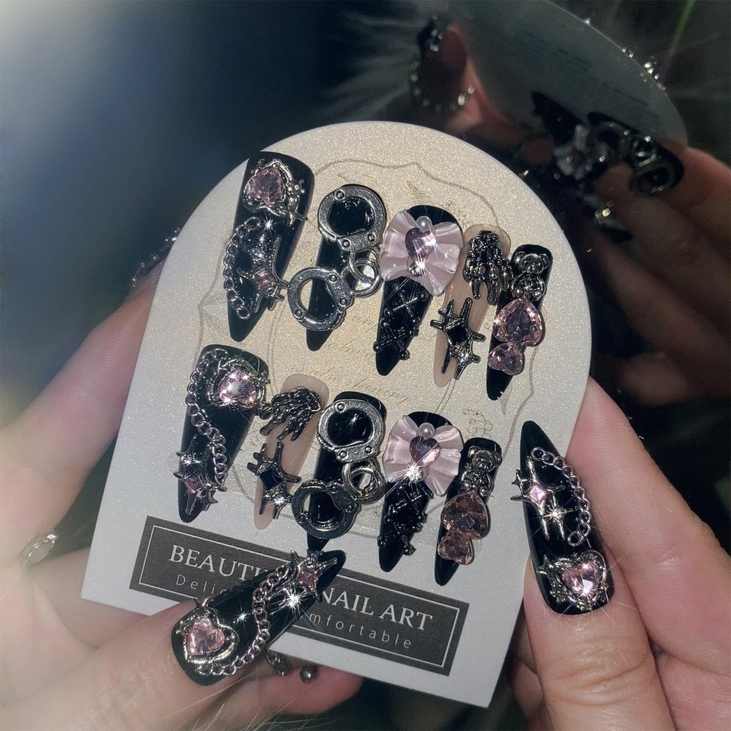 SINHOT Stiletto Press on Nails - Long Fake Nails, Glossy Finish, Y2K Charms & Goth Black, DIY Artificial False Nail Art - 24 Pcs Nail Kit with Glue