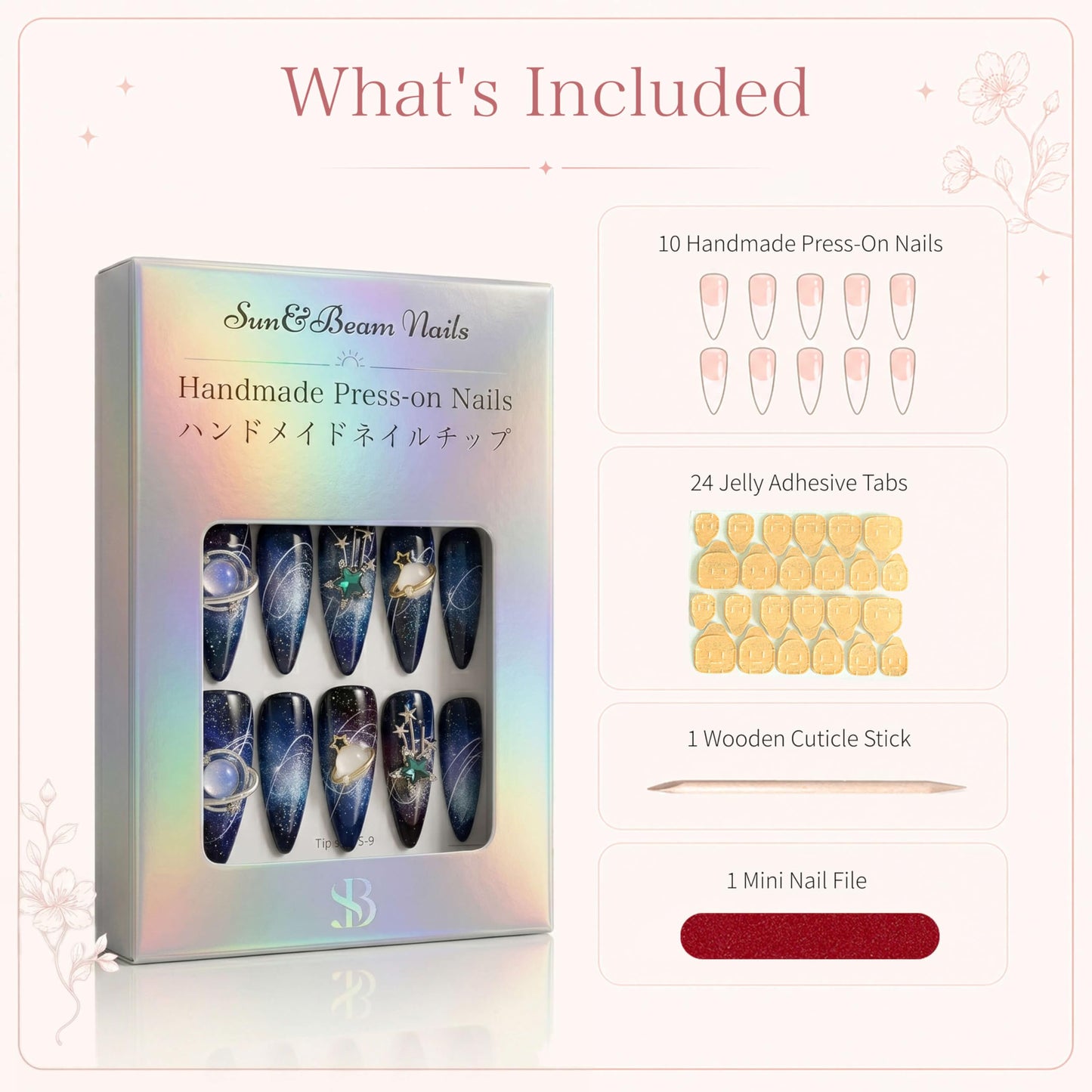 Sun&Beam Nails Handmade Press On Nail Medium Long Coffin Ballerina Purple Flower Fake Tip 3D Design Art Charms Cute with Storage Box 10 Pcs (#004 M)