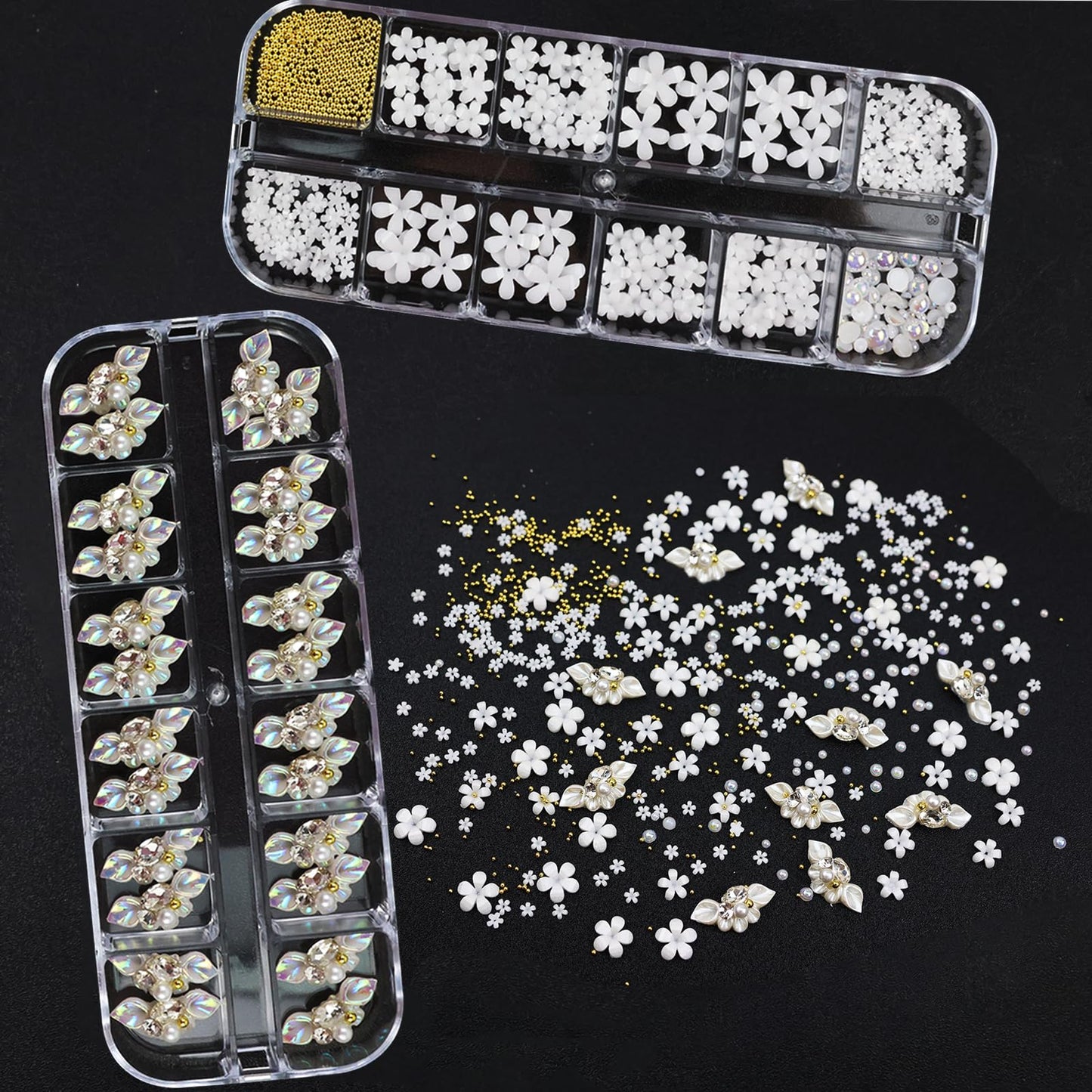 SEMATA 3D Flower Nail Art Charms Mixed Size White Nails Gems Flatback Nail Pearls White Flower Nails Art Accessories Decoration Design for Women