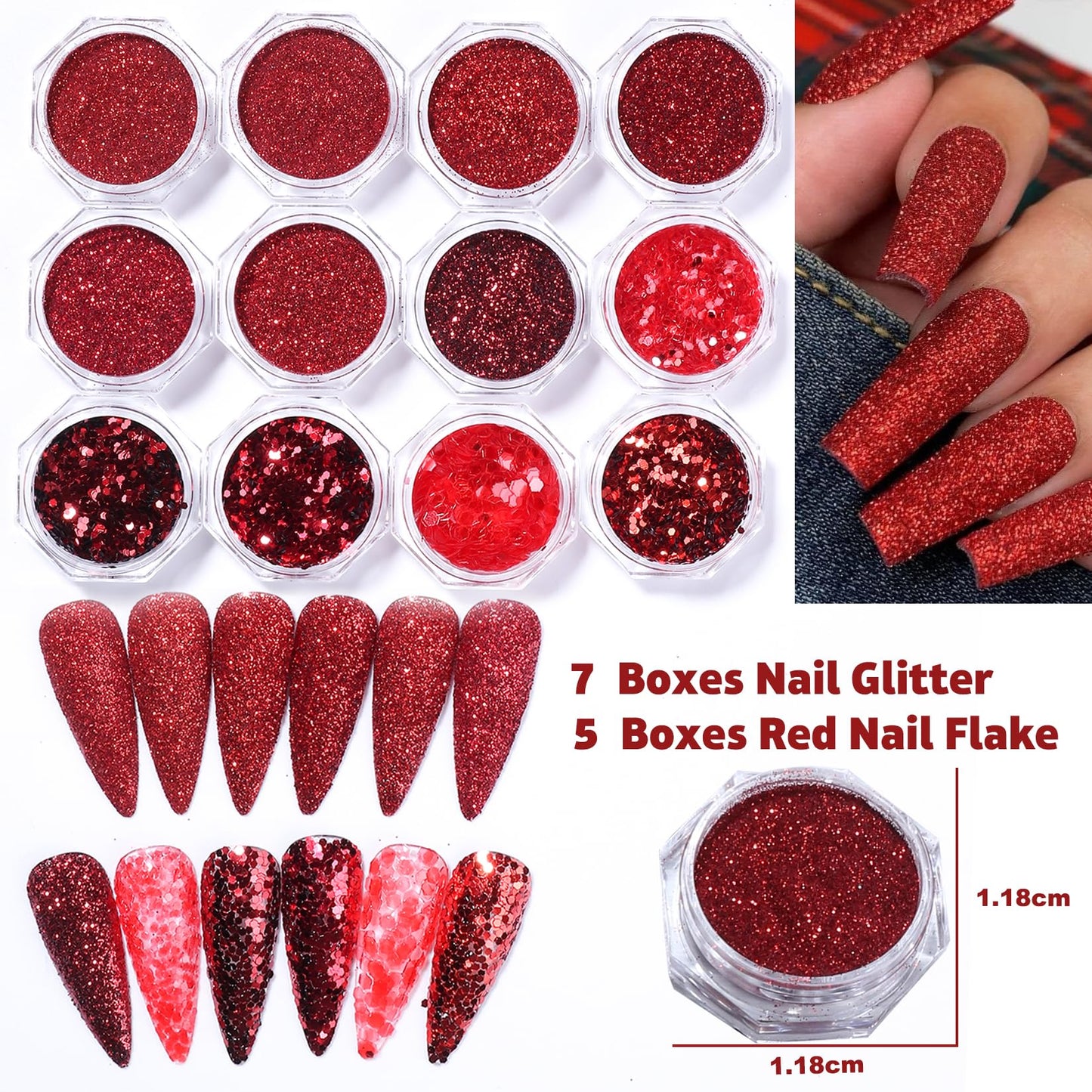 New Year Red Nail Art Glitters Nail Sequins 12 Boxes Holiday Nail Glitter Flakes 3D Red Series Hexagon Sugar Designs Nail Art Decoration Dipping Powder for Nails Supplies DIY Craft Accessories
