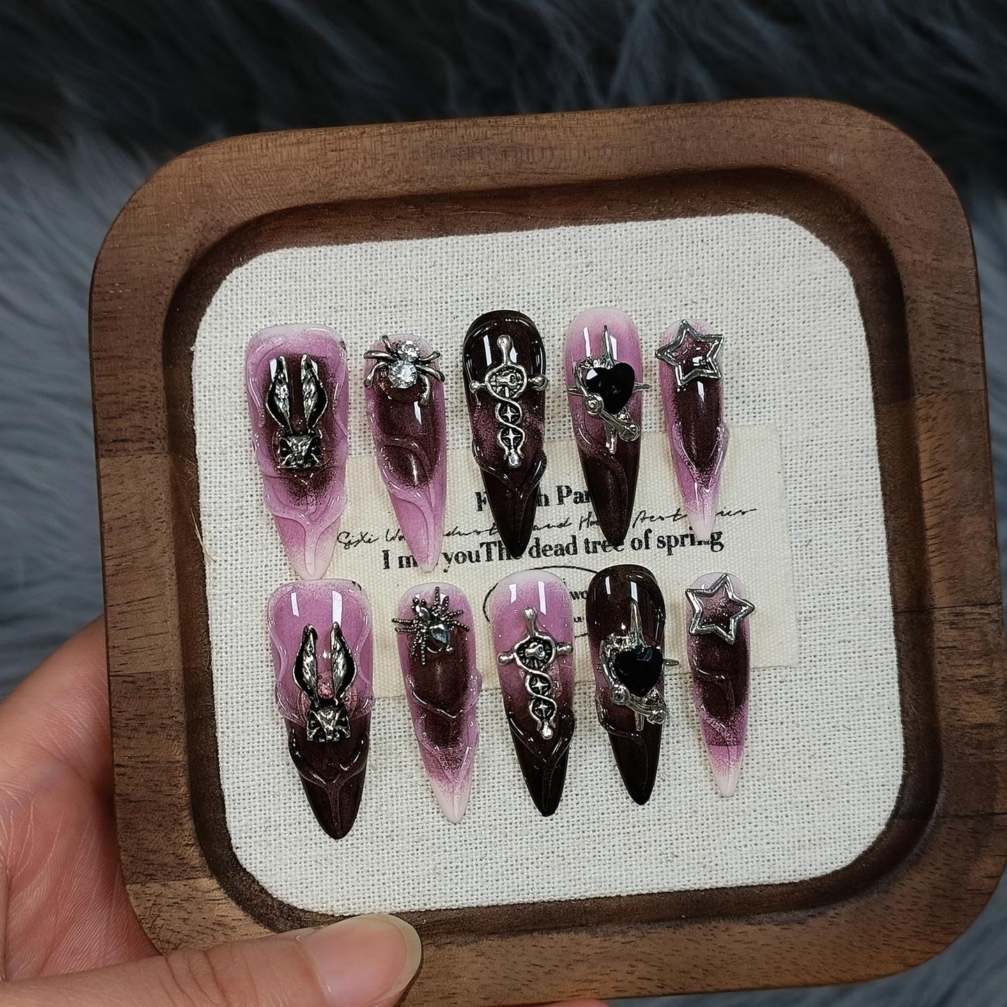TENPAL 10Pcs Handmade Press On Nails Long Stiletto,Gothic Pink & Black Swirl Fake Nails with 3D Cross Spider Star Charms,Glossy Y2K Punk Glam Halloween Nails,Edgy Kawaii Nails for Parties Cosplay(S)